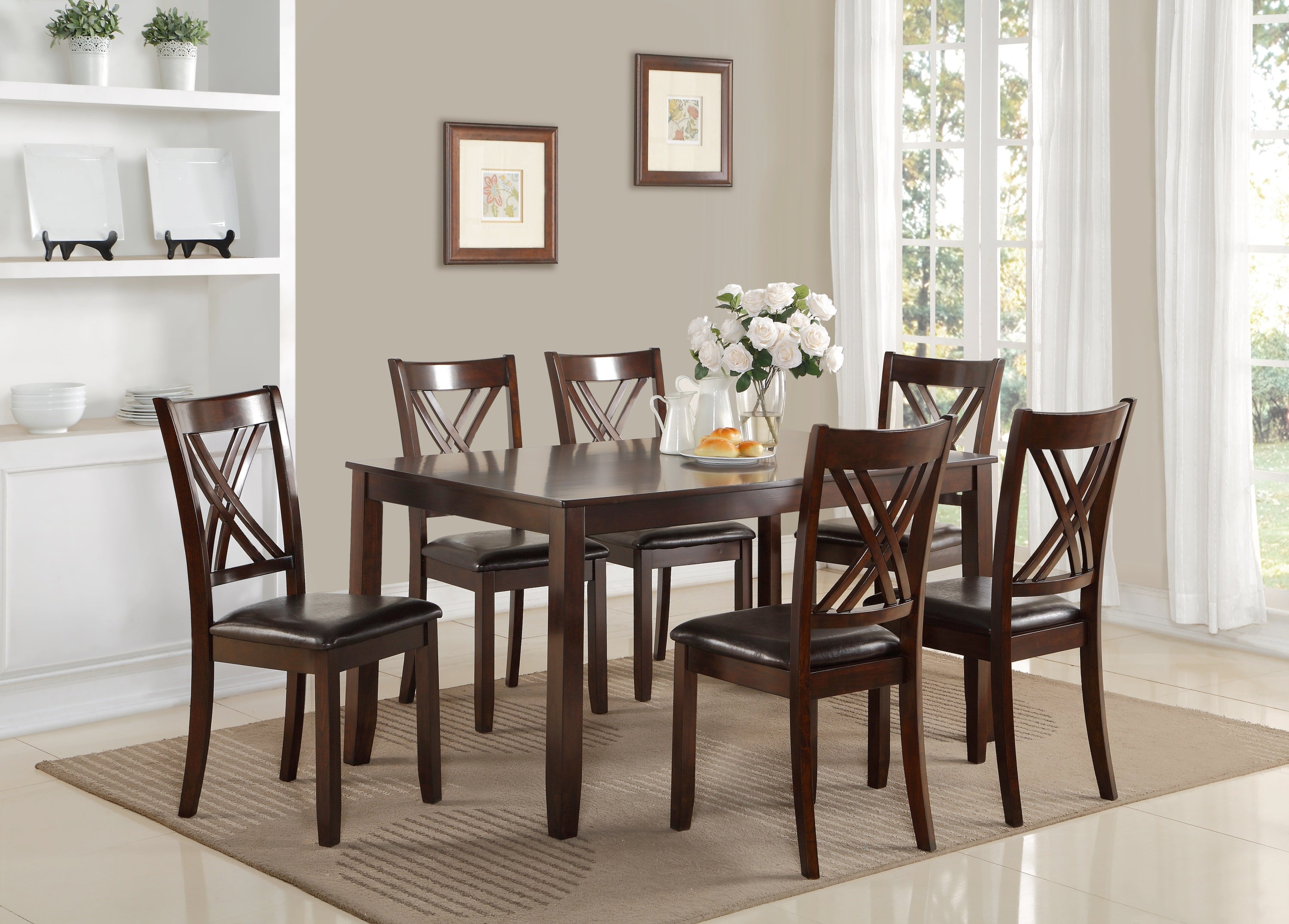 7-Pc Dinette Set Brown Espresso Finish Rectangular Table PU Upholstered Chairs Transitional Dining Room Wooden Dining Set Furniture