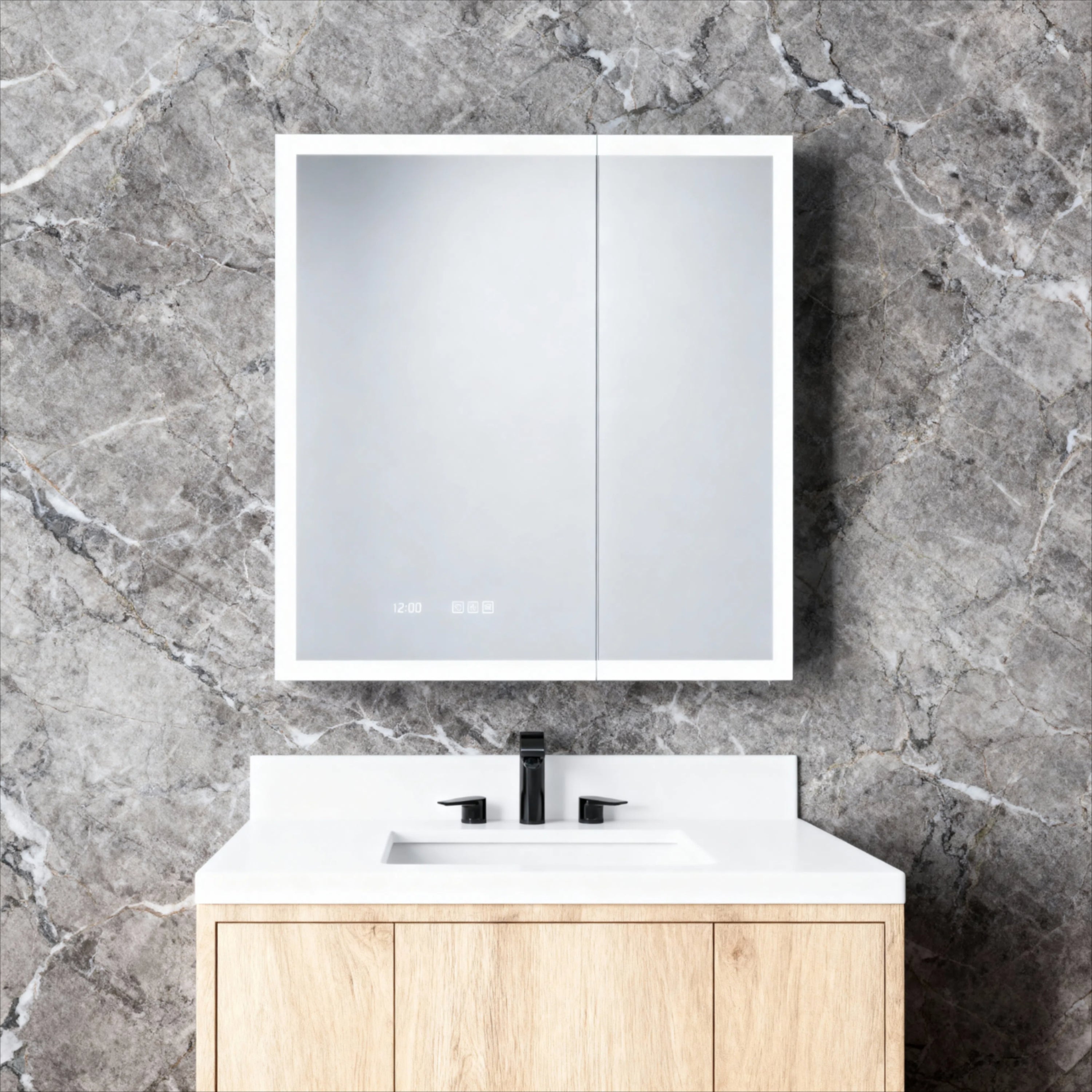 36 in. W x 30 in. H Rectangular Silver Aluminum Recessed/Surface Mount Medicine Cabinet with Mirror LED and Clock