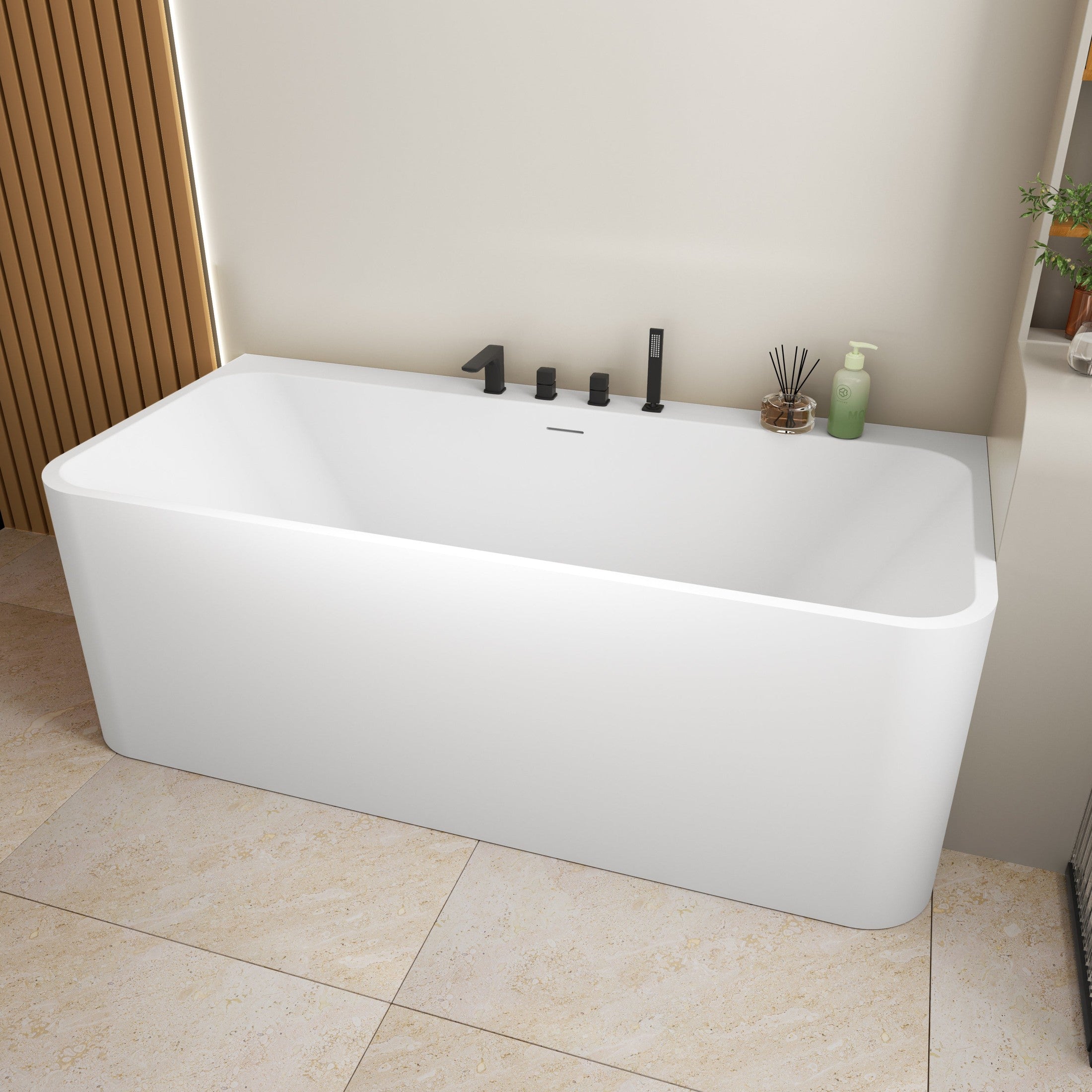 63 inch Freestanding Solid Surface Soaking Bathtub Matte White 25S29-16PS