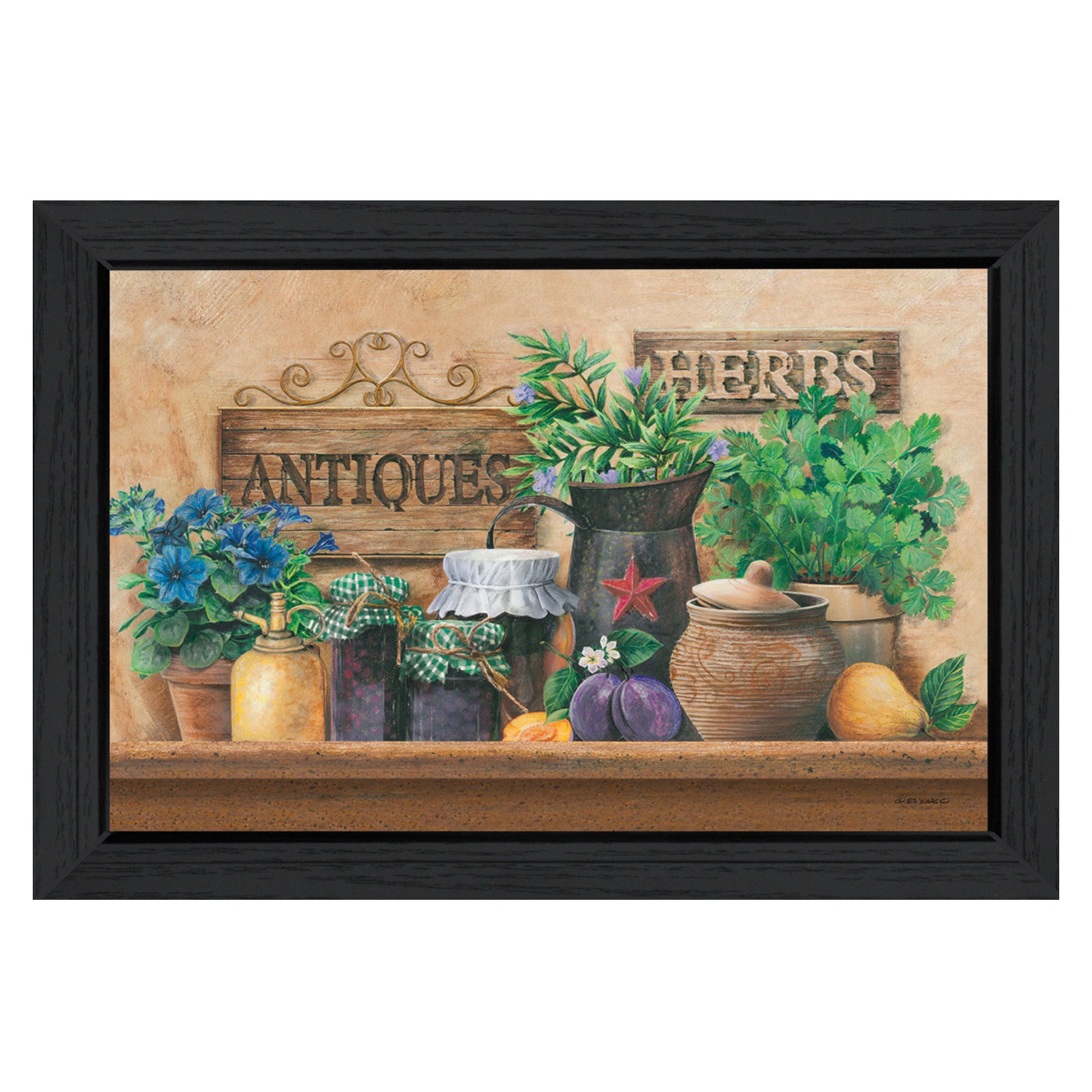 'Antiques and Herbs' By Ed Wargo, Printed Wall Art, Ready To Hang Framed Poster, Black Frame