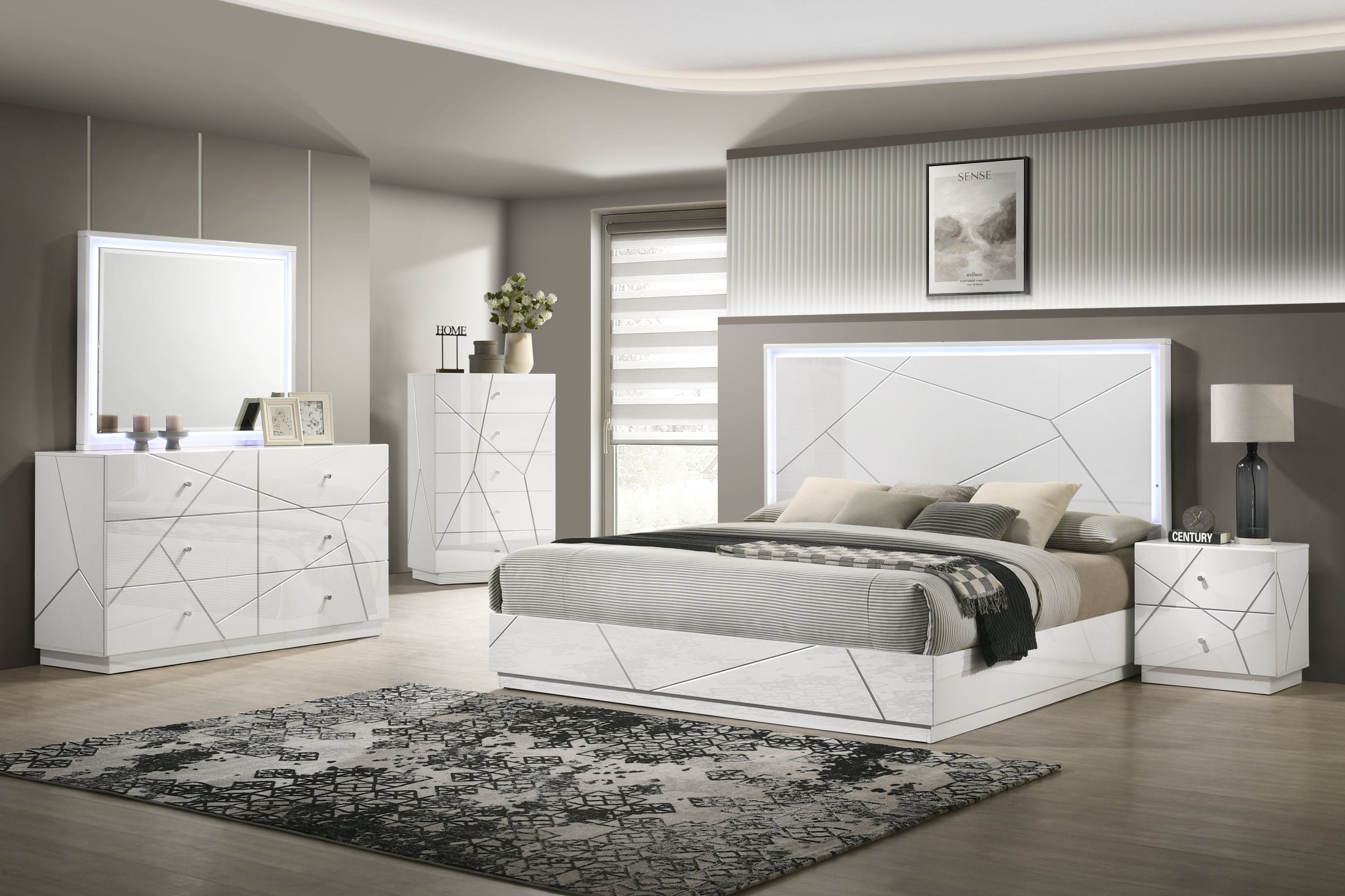 Manhattan Queen 5-Piece Bedroom Set – Modern Design with Lacquer Finish, Geometric Accents, and LED Lighting (CA Inventory)