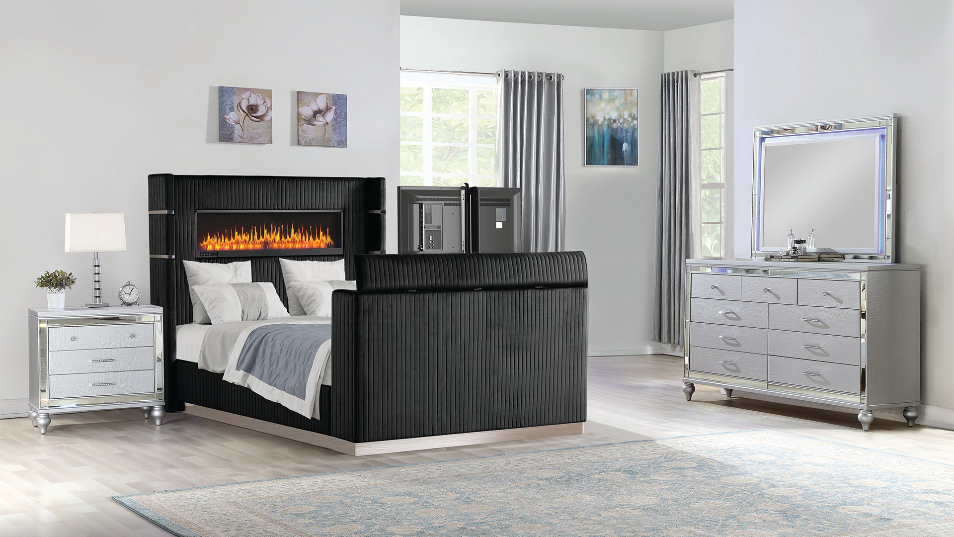 Lavish Modern Style 4 Pc King Bedroom Set Made with Fireplace in Headboard & TV stand in Footboard with Wood in Black(CA INVENTORY)