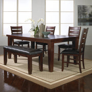 Contemporary 6pc Dining Set 18' Extendable Leaf Table Leather Look Polyurethane PU Fabric Upholstered Chair Bench Seats Brown Finish Wooden Solid Wood Dining Room Furniture