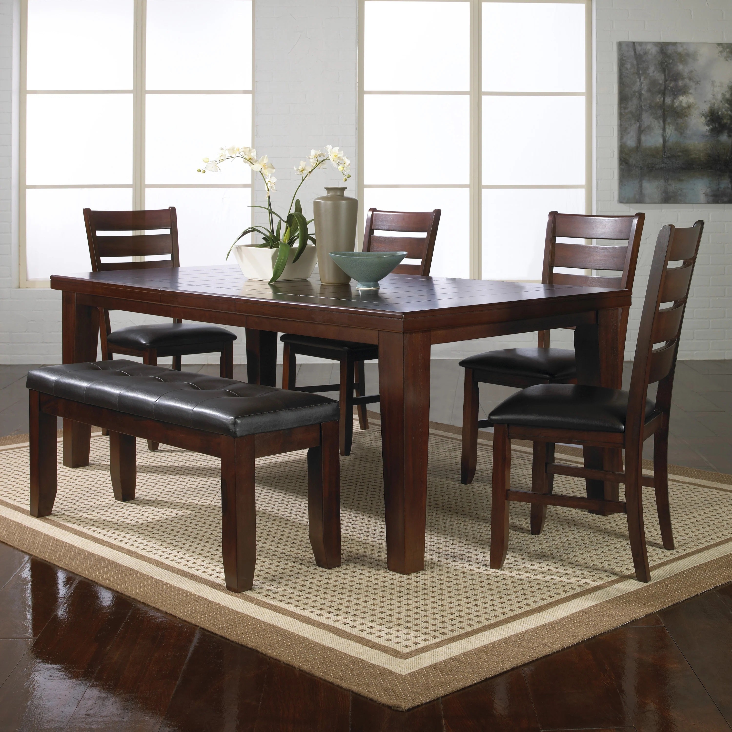 Contemporary 6pc Dining Set 18' Extendable Leaf Table Leather Look Polyurethane PU Fabric Upholstered Chair Bench Seats Brown Finish Wooden Solid Wood Dining Room Furniture