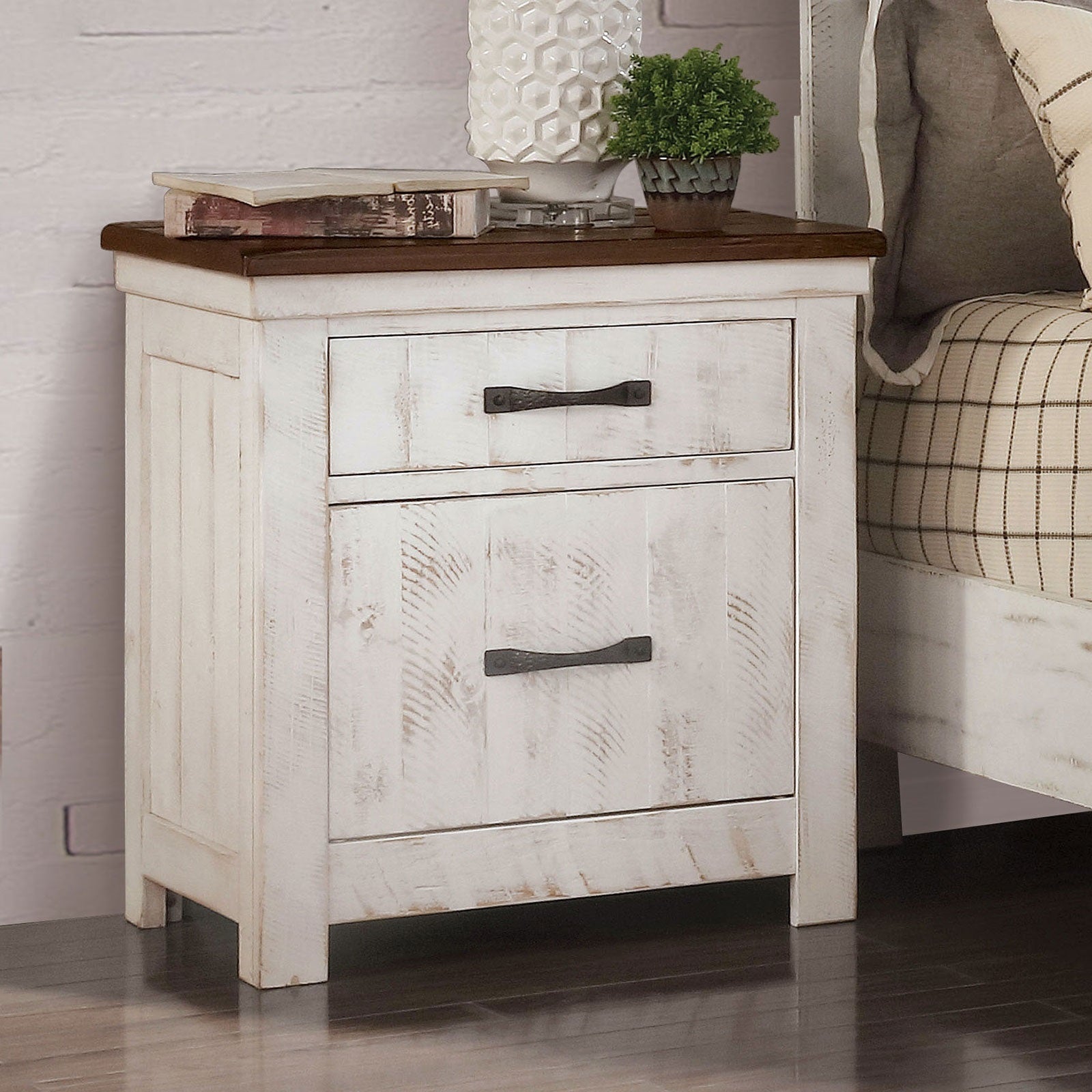 Plank Design Transitional style Distressed White 1pc Nightstand Brass Arch Pull 2-Drawers Bedside Table Solid wood Bedroom