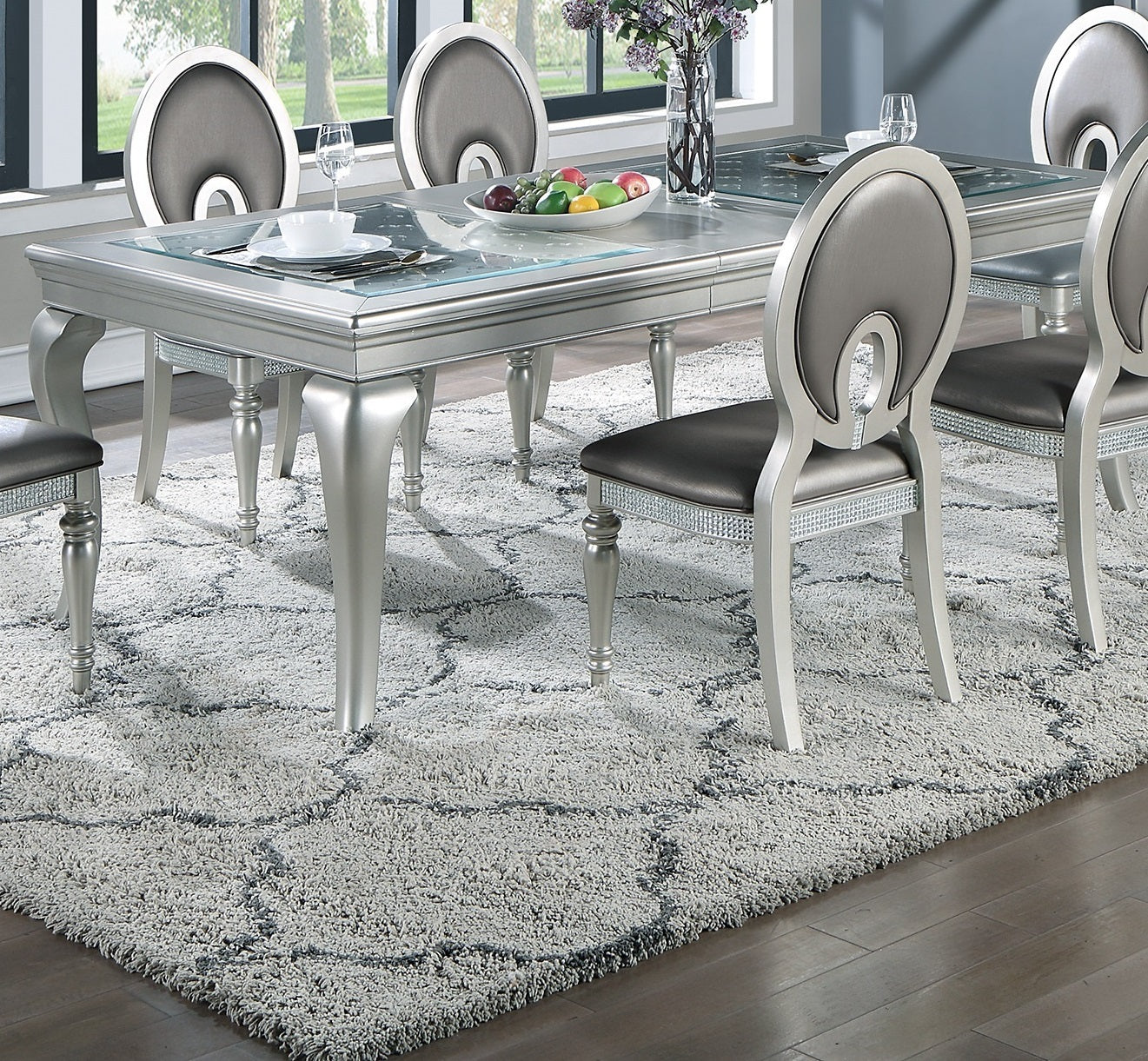 Traditional Dining Table Rectangle Table Silver Hue 1pc Dining Table Glass Insert Dining Room Furniture