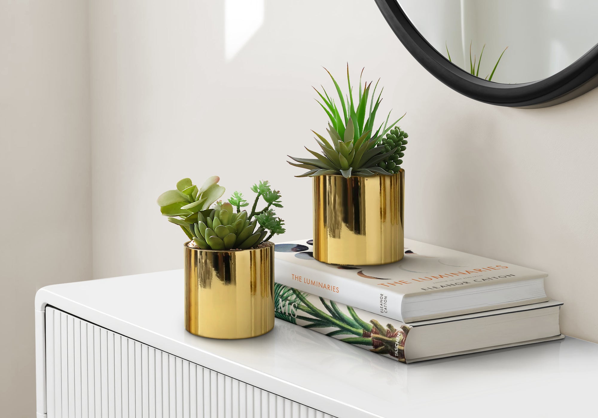 Artificial Plant, 7' Tall, Succulent, Indoor, Faux, Fake, Table, Greenery, Potted, Set Of 2, Decorative, Green Plants, Glossy Gold Pots