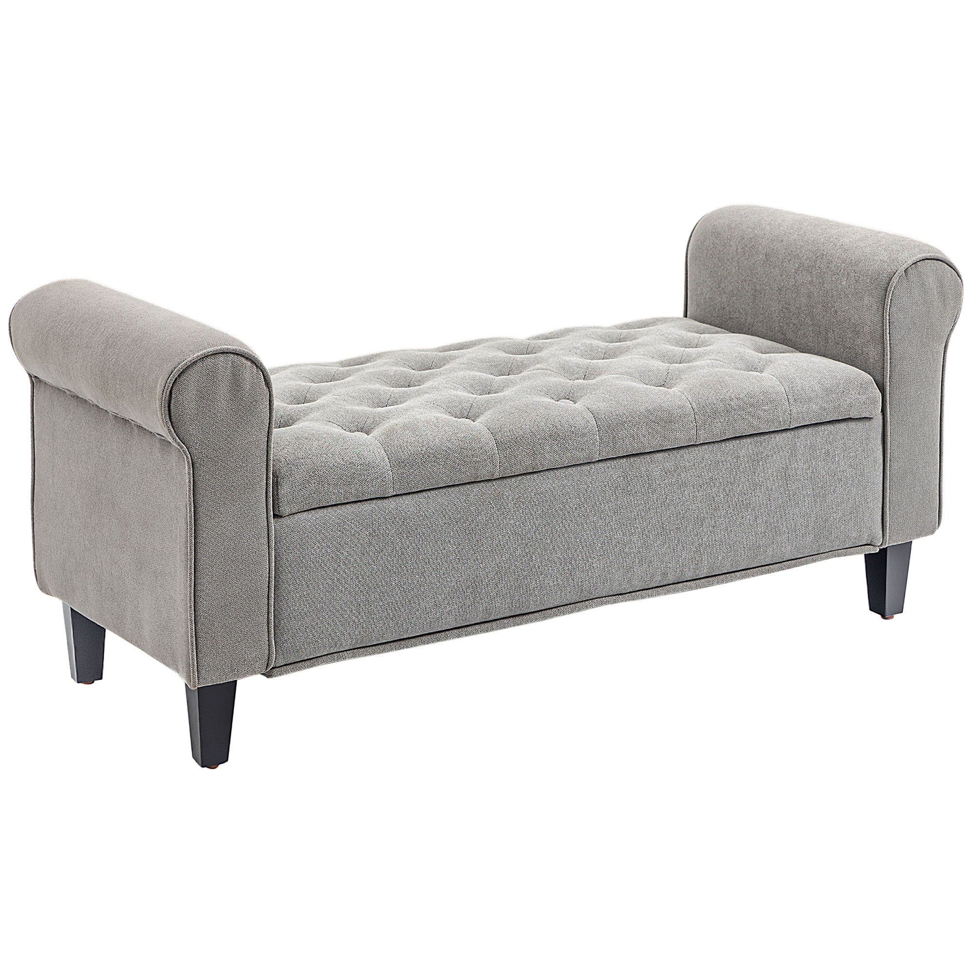 HOMCOM 50' Storage Ottoman Bench, Upholstered End of Bed Bench with Rolled Arms, Wood Legs, Button Tufted Storage Bench with Safety Hinges for Living Room, Entryway, Bedroom, Gray