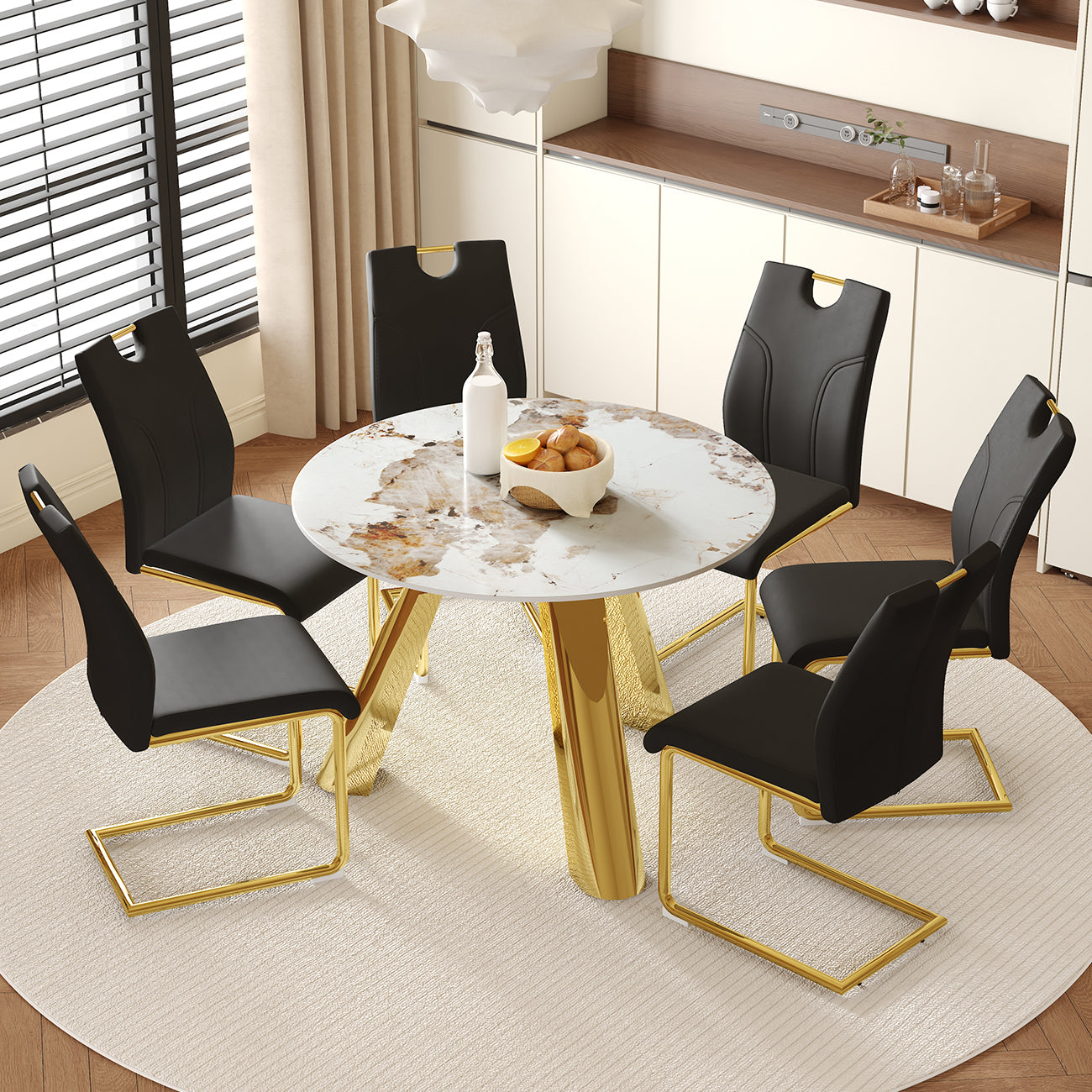 Table and chair set.A 42-inch White Imitation Marble Textured Round table.Paired with 6 Uniquely designed Black Dining Chairs With Golden Metal Leg.Sintered Stone Tabletop.Golden Stainless Steel Leg.
