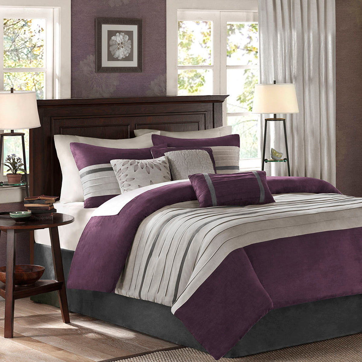 7 PC Pieced Faux Suede Comforter Set Purple King