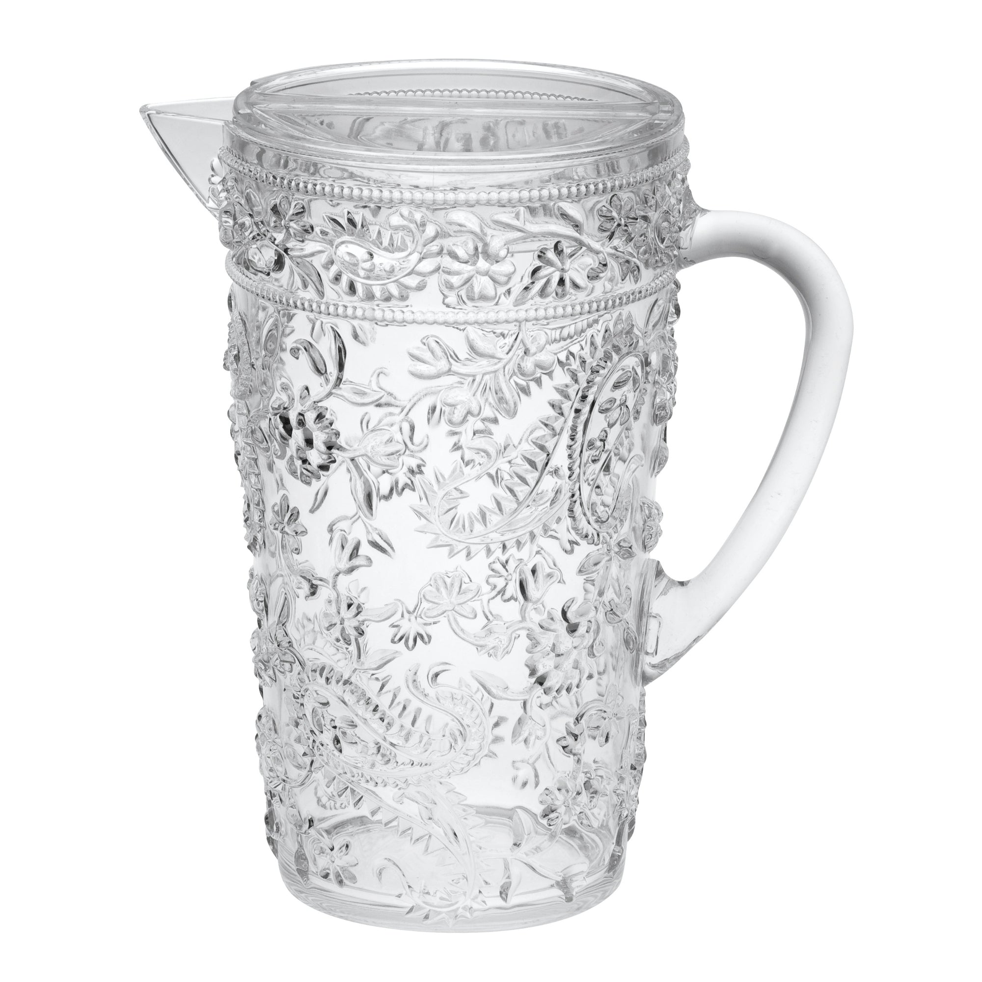 Paisley 2.5 Quarts Water Pitcher with Lid, Unbreakable Clear Acrylic Drink Pitcher with Spout, BPA Free