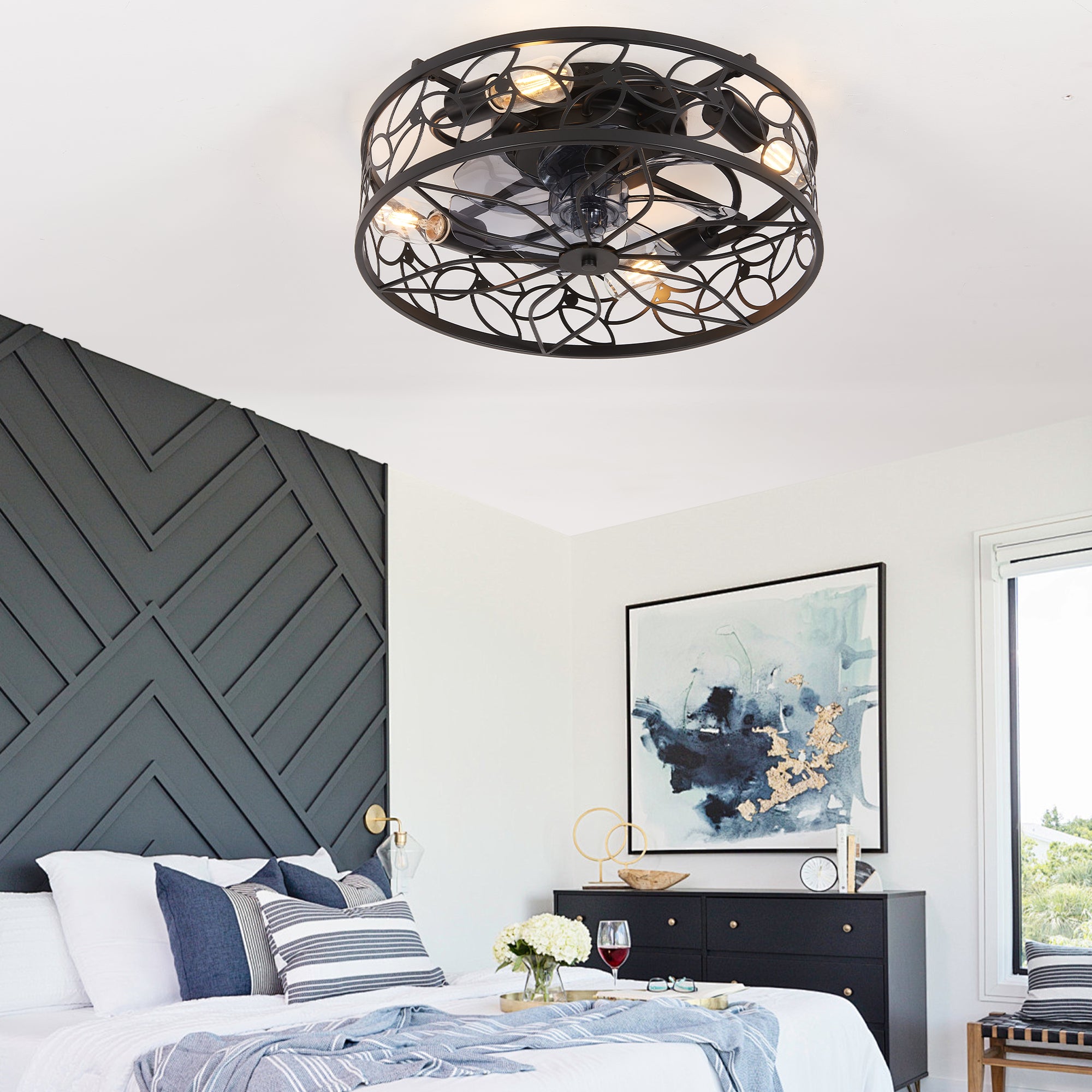 18-inch Black Vintage Caged Ceiling Fan Light – Quiet Operation, Remote Control, Industrial Style for Living Room, Bedroom, and Kitchen (Silent/6-Speed/Reversible/DC Motor) (Bulb Not Included)