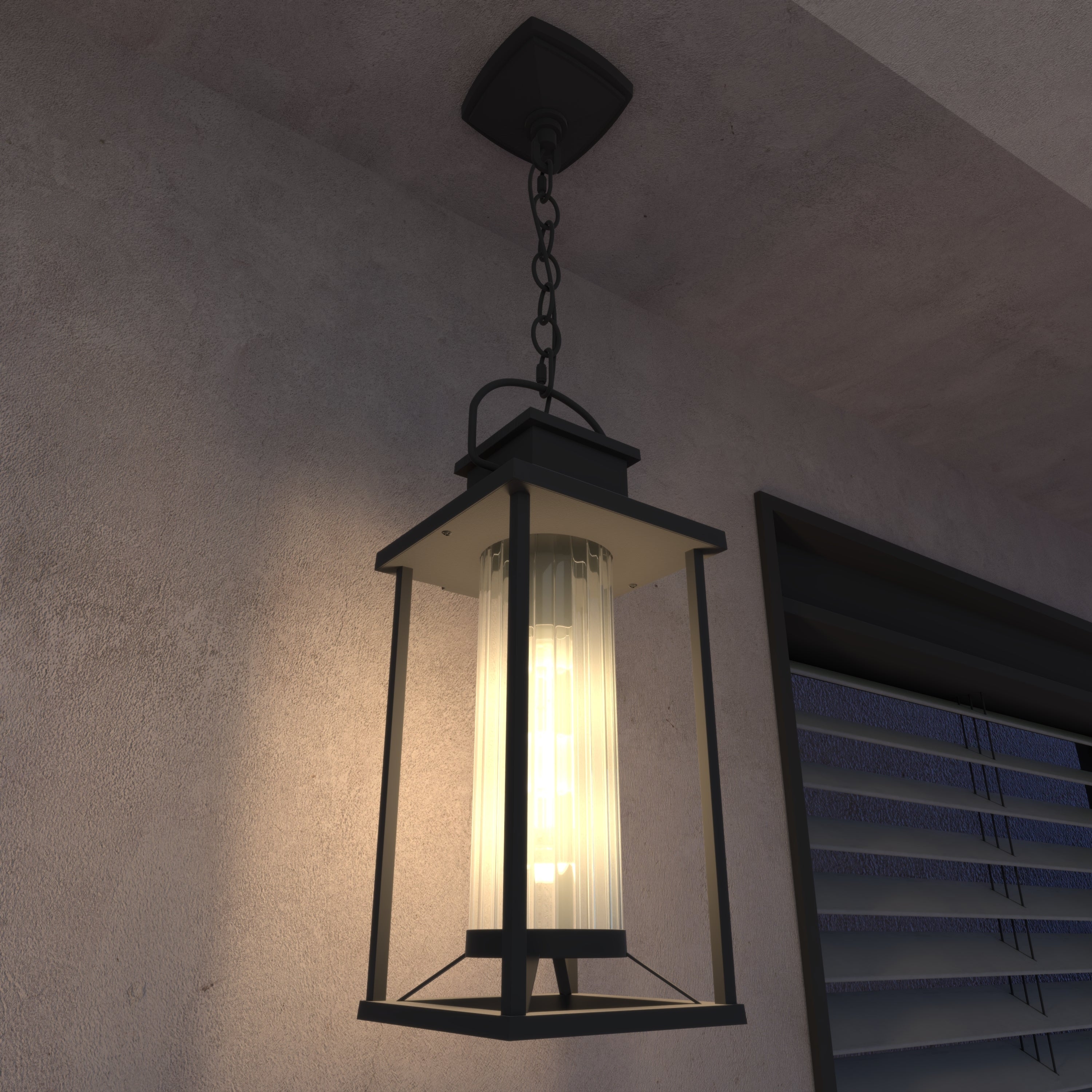Outdoor Pendant Lights for Porch, Black Exterior Chandelier for Gazebo, Modern Outside Hanging Lanterns Outdoor Ceiling Light Fixture with Ribbed Glass for House Patio, Anti-Rust Waterproof (1 pack)