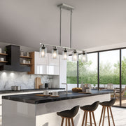 37' Brushed Nickel 5-Light Chandelier - Contemporary Kitchen Island Pendant Light with Clear Glass Shades for Dining Room, Farmhouse, or Modern Decor (No Bulbs)