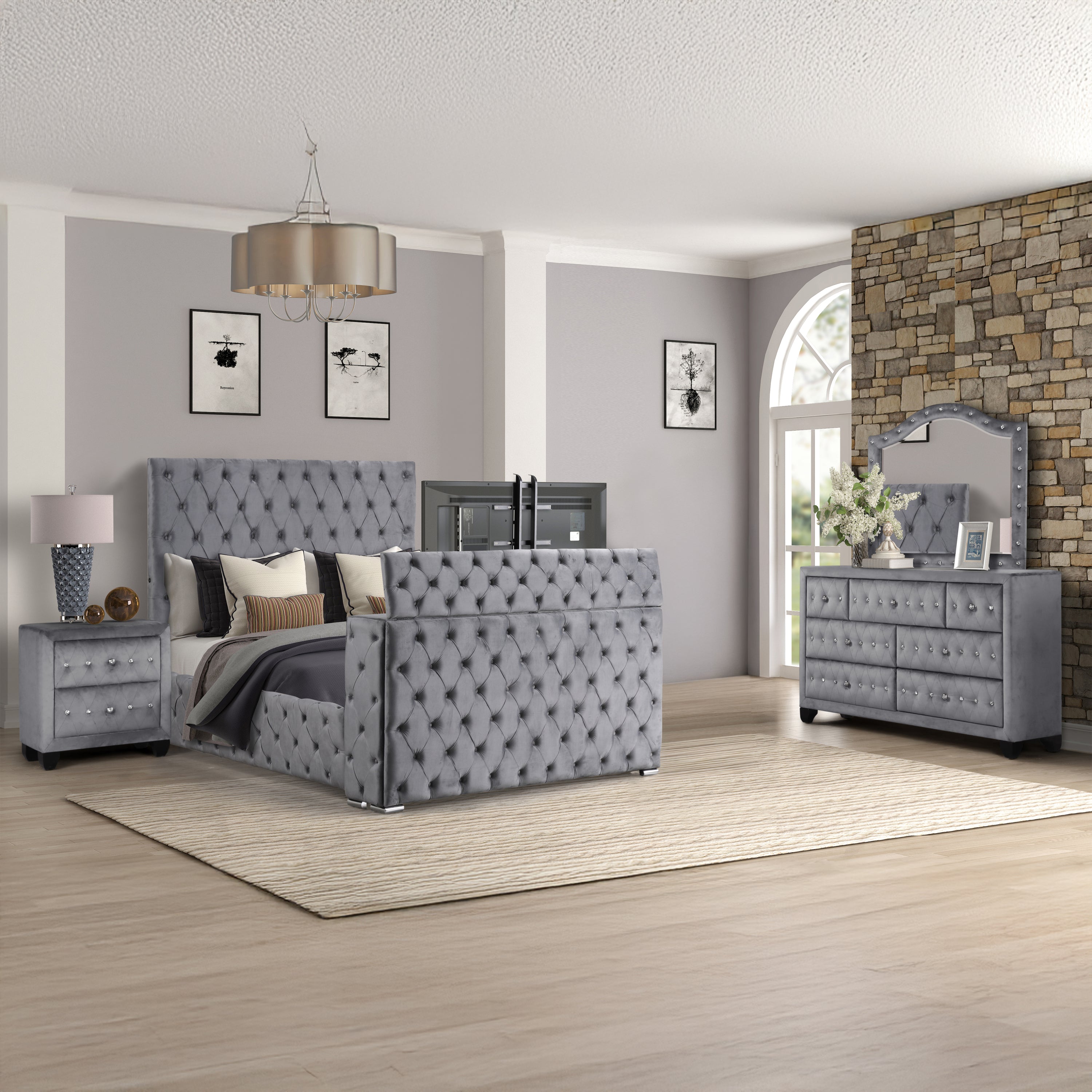 Encore Modern Style Tufted and Upholstered Queen 4PC Bedroom set made with wood in Gray(NJ INVENTORY)