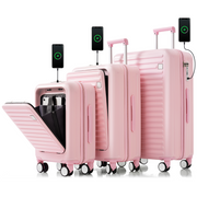 Luggage Set of 3, 20, 24, 28inch with USB Port, 20, 24inch with front opening design Airline Certified Carry on Luggage with Cup Holder, ABS Hard Shell Luggage with Spinner Wheels, pink