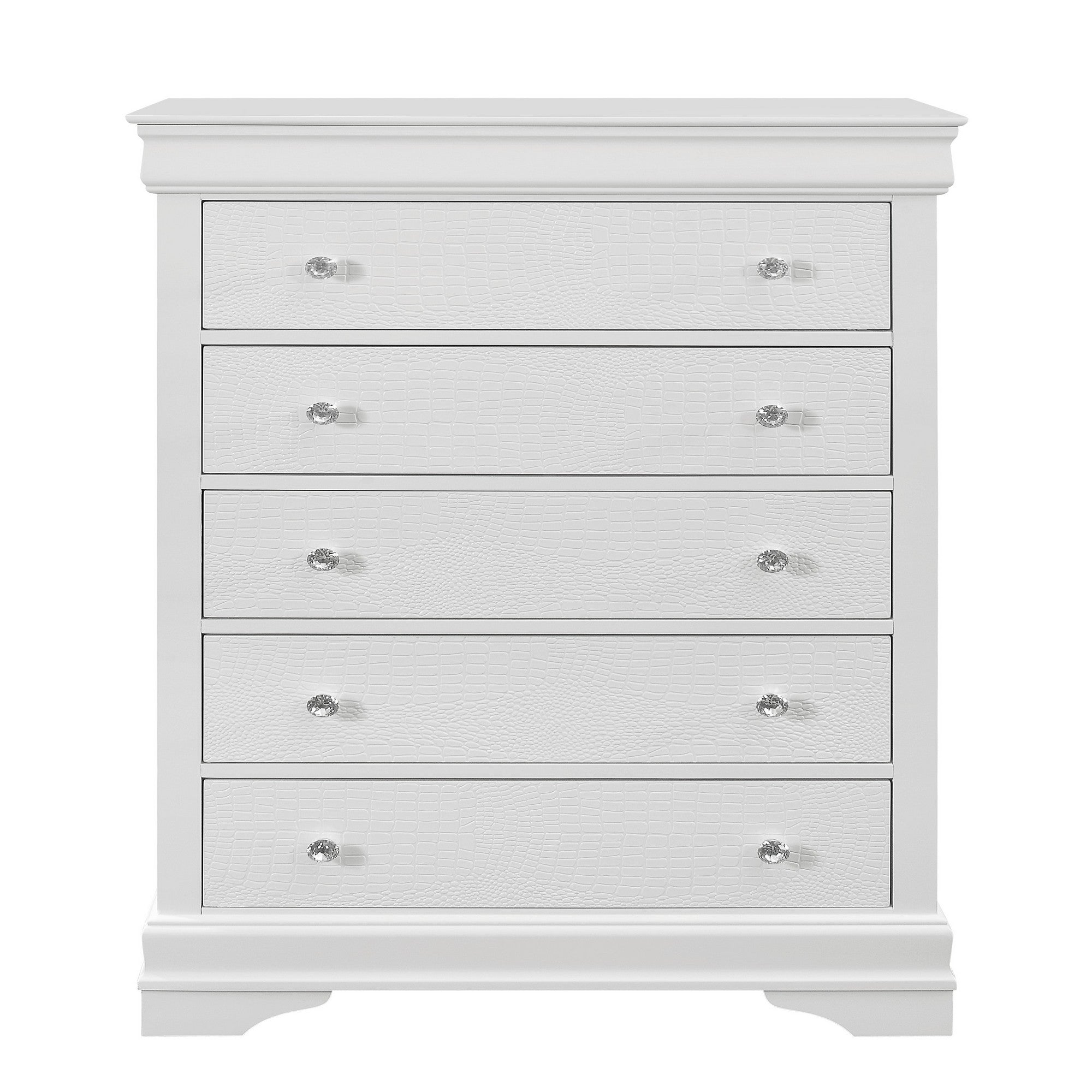 Shaker Crocodile Metallic White Chest with Crystal Embellished Hardware and Textured Drawer Fronts