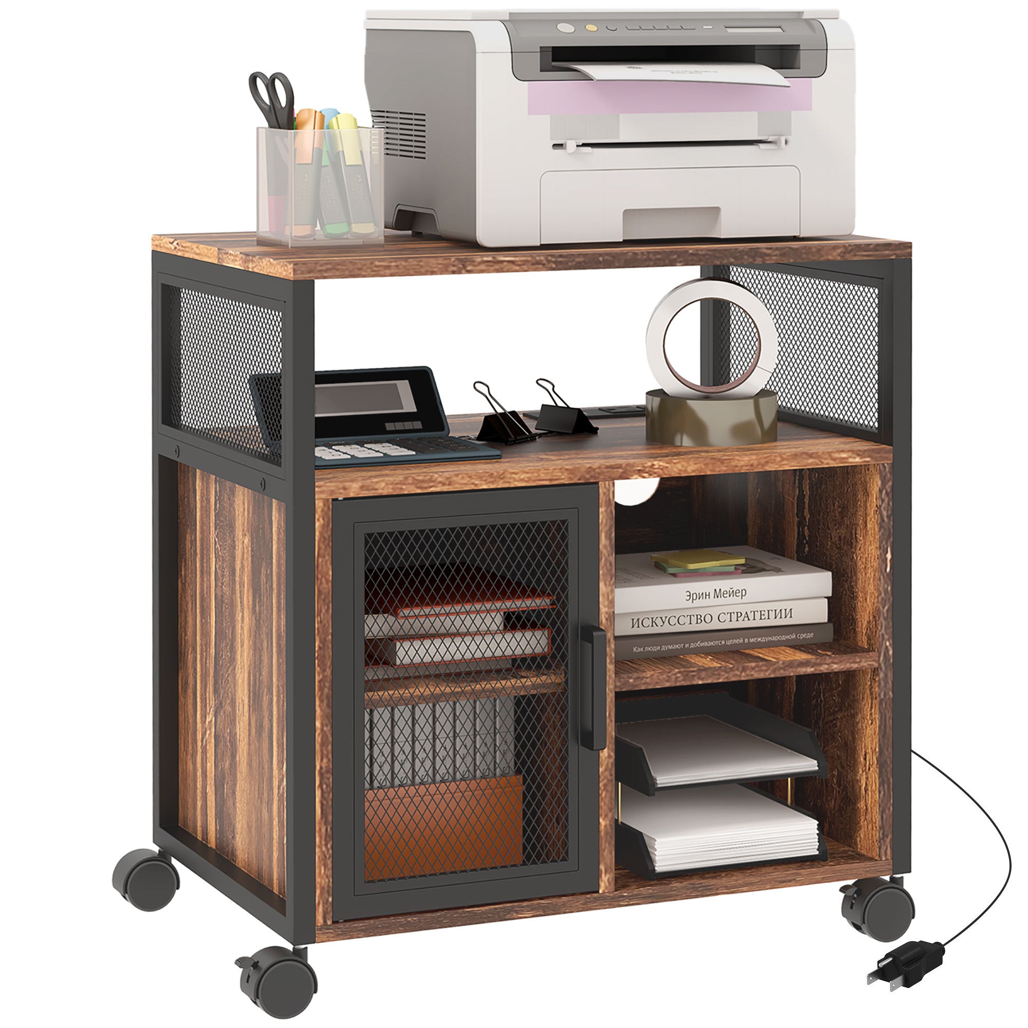 Vinsetto Mobile Printer Stand with Socket & USB Ports, Rustic Brown