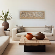 Rustic Wooden Floral Hand Carved Mandala Rectangular Wall Decor Accent in Gold and White, 20x63 Inches