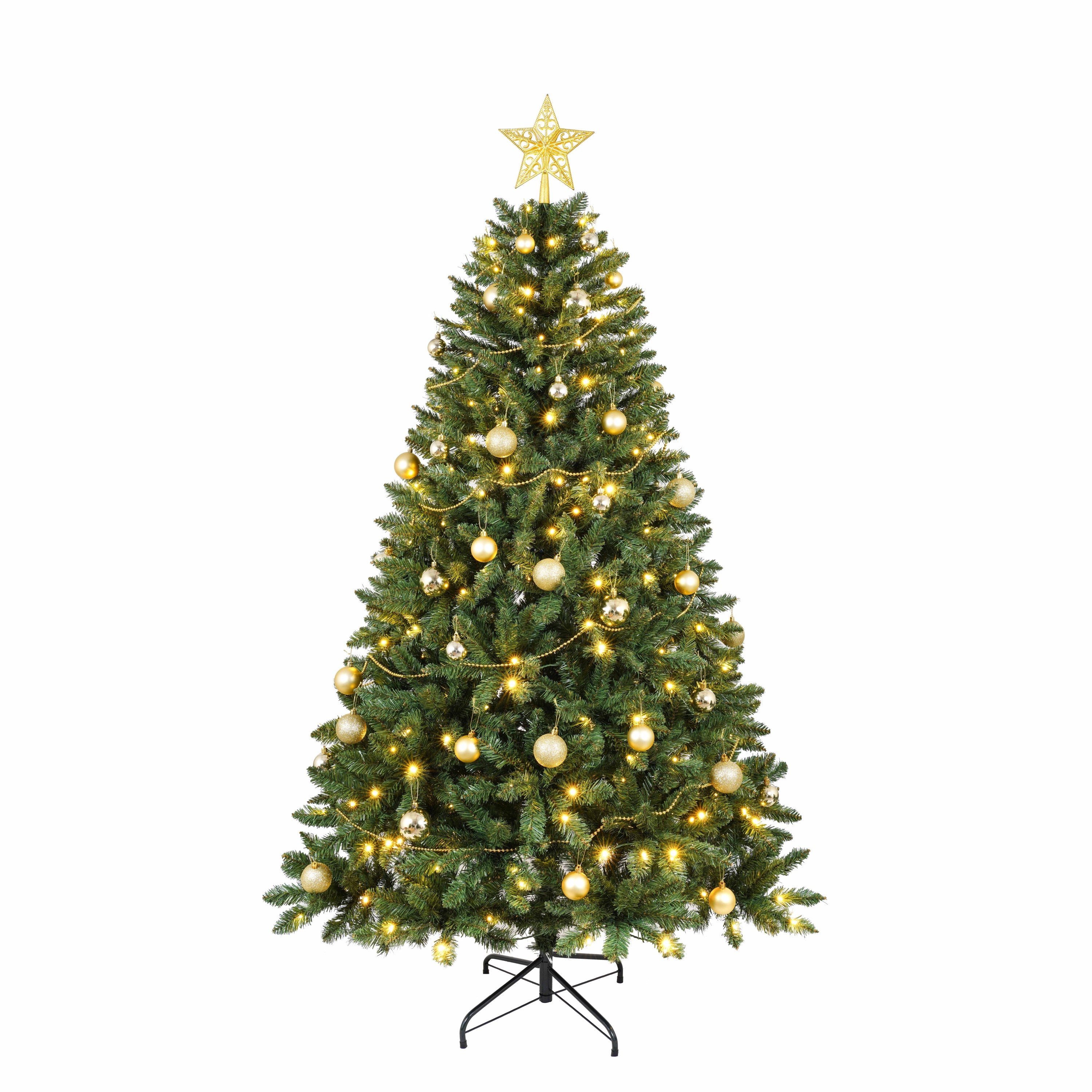 6FT Pre-Lit Christmas Tree with 250 Warm White LEDs – 1000 PVC Hard Tips, Hinged Branch Design, Metal Stand – Realistic Green Holiday Tree