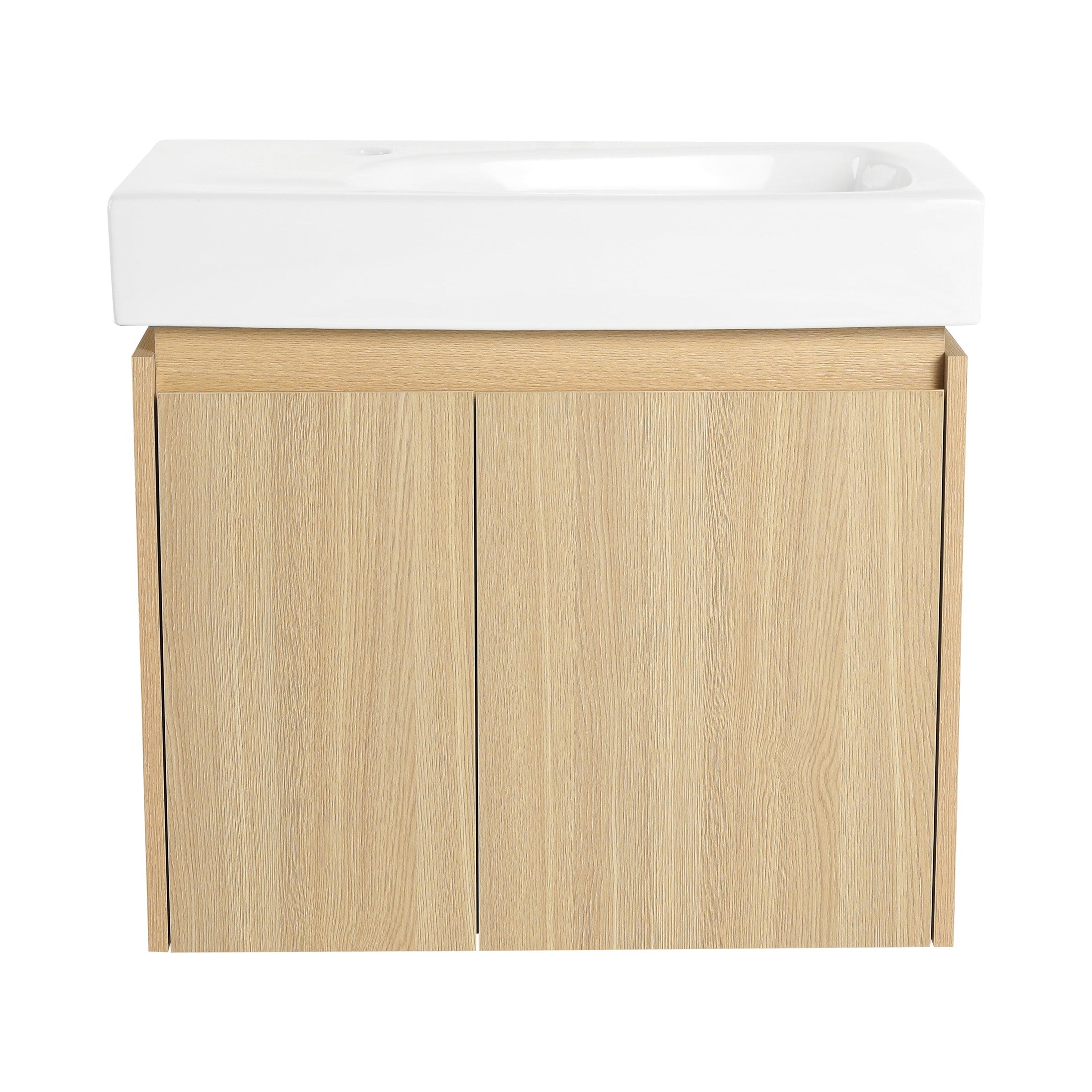 Modern 24 Inch Bathroom Vanity with Ceramic Basin, Wall Mounted Floating Sink Combo, Oak Wooden Storage Cabinet