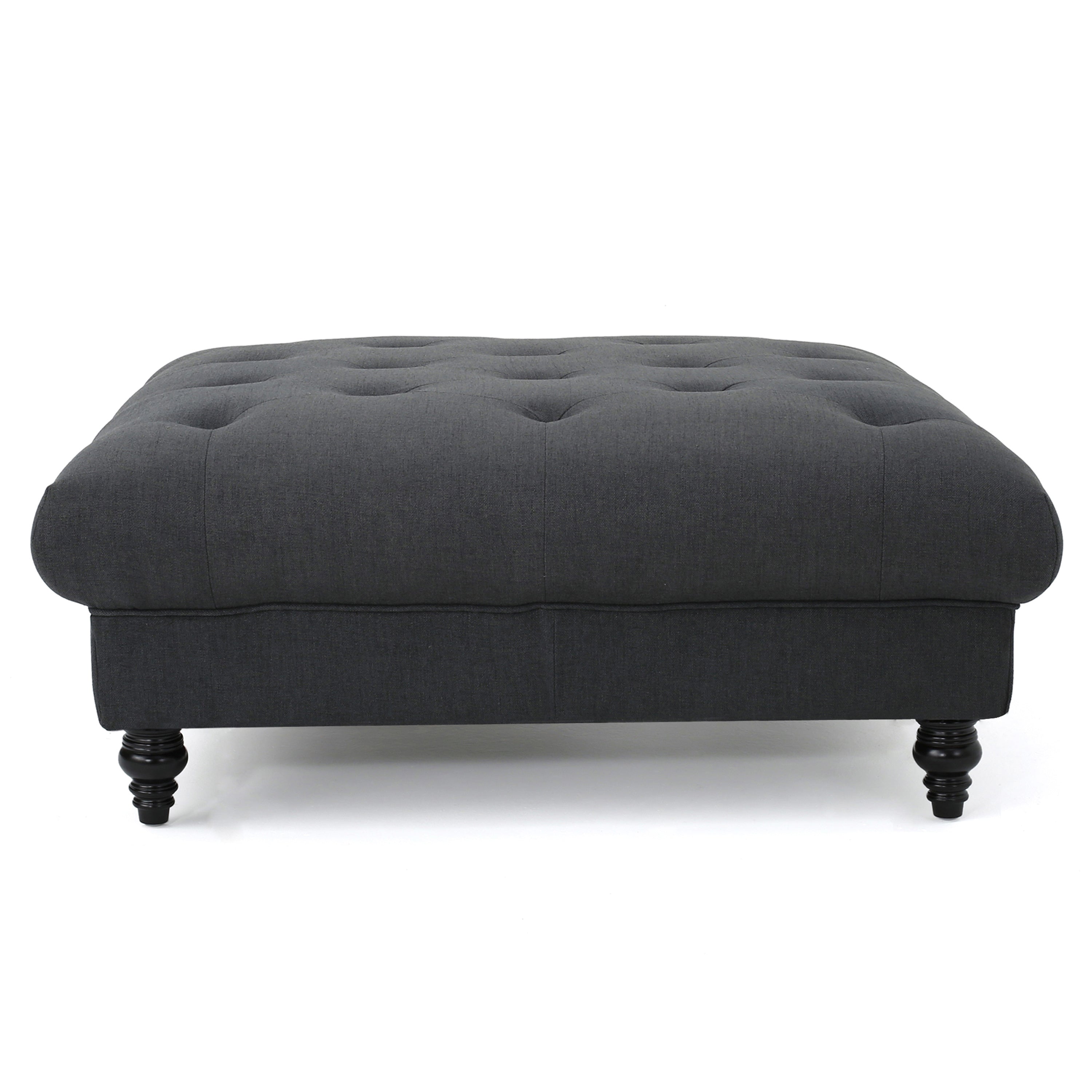 MADRID KD Tufted Ottoman with Button Tufting and Turned Feet in Dark Gray Polyester Fabric