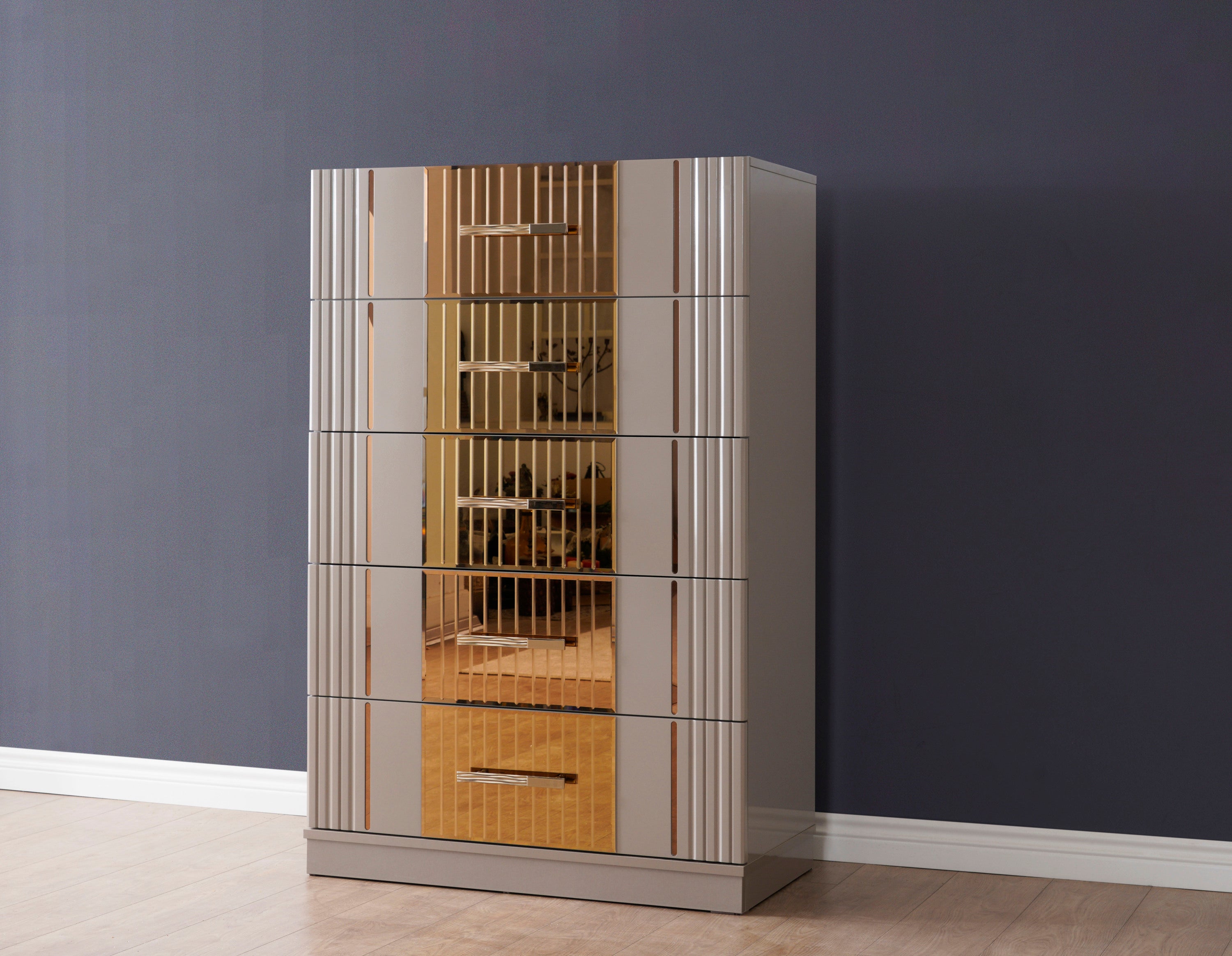 Lorenzo Gold Detailed 5 Drawer Chest made with Wood in Gray (NJ Warehouse Warehouse)