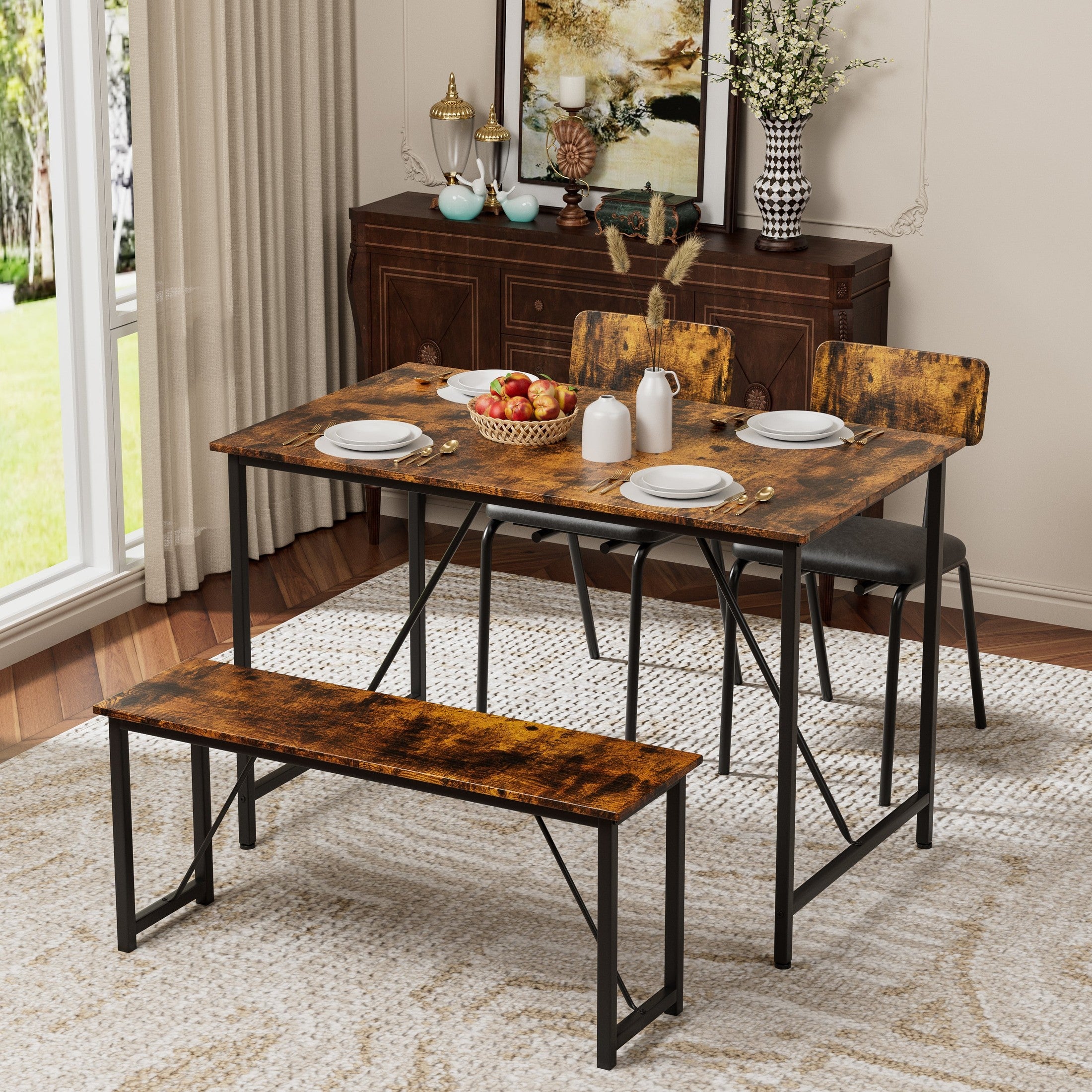 4 Piece Dining Table Set, Kitchen Room Table and 2 Chairs for 4 with Bench for Home, Kitchen, Living Room