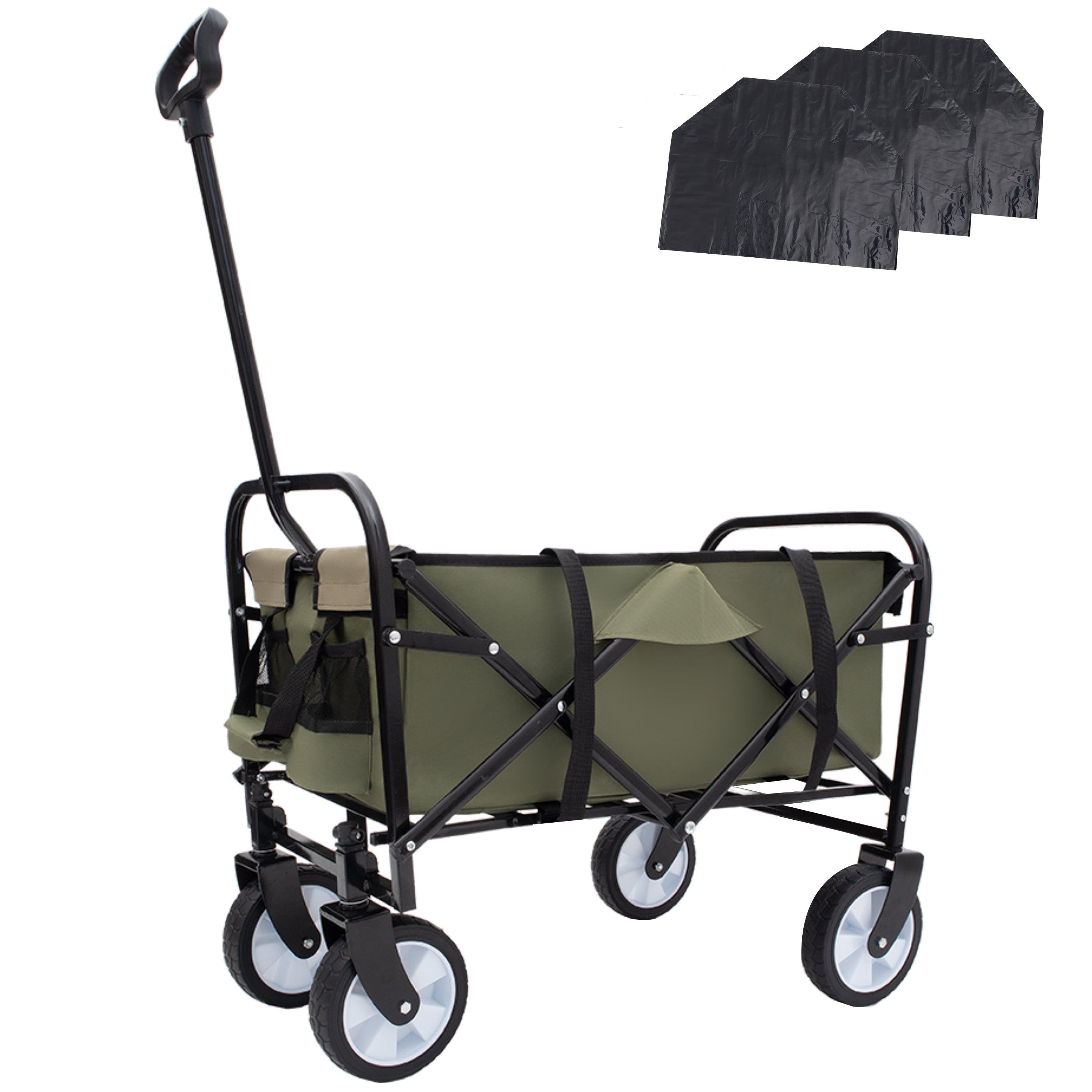 Minimeetall Multi-use Bag,Collapsible Foldable Wagon Cart Beach Wagon Heavy Duty Utility Cart Utility Wagon Grocery Cart for for Camping 3pcs plastic Liner bag /Cover , Green
