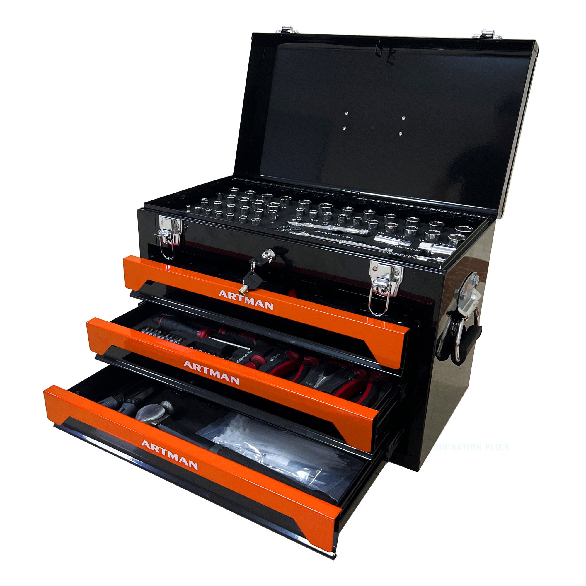20'' Portable 3-Drawer Steel Toolbox, 4 Layers of Tools with Metal Latches, with Top Storage Tray and carrying Handle, Multi-Function Tool Storage for Garage, Home, or Workbench, Black and Orange