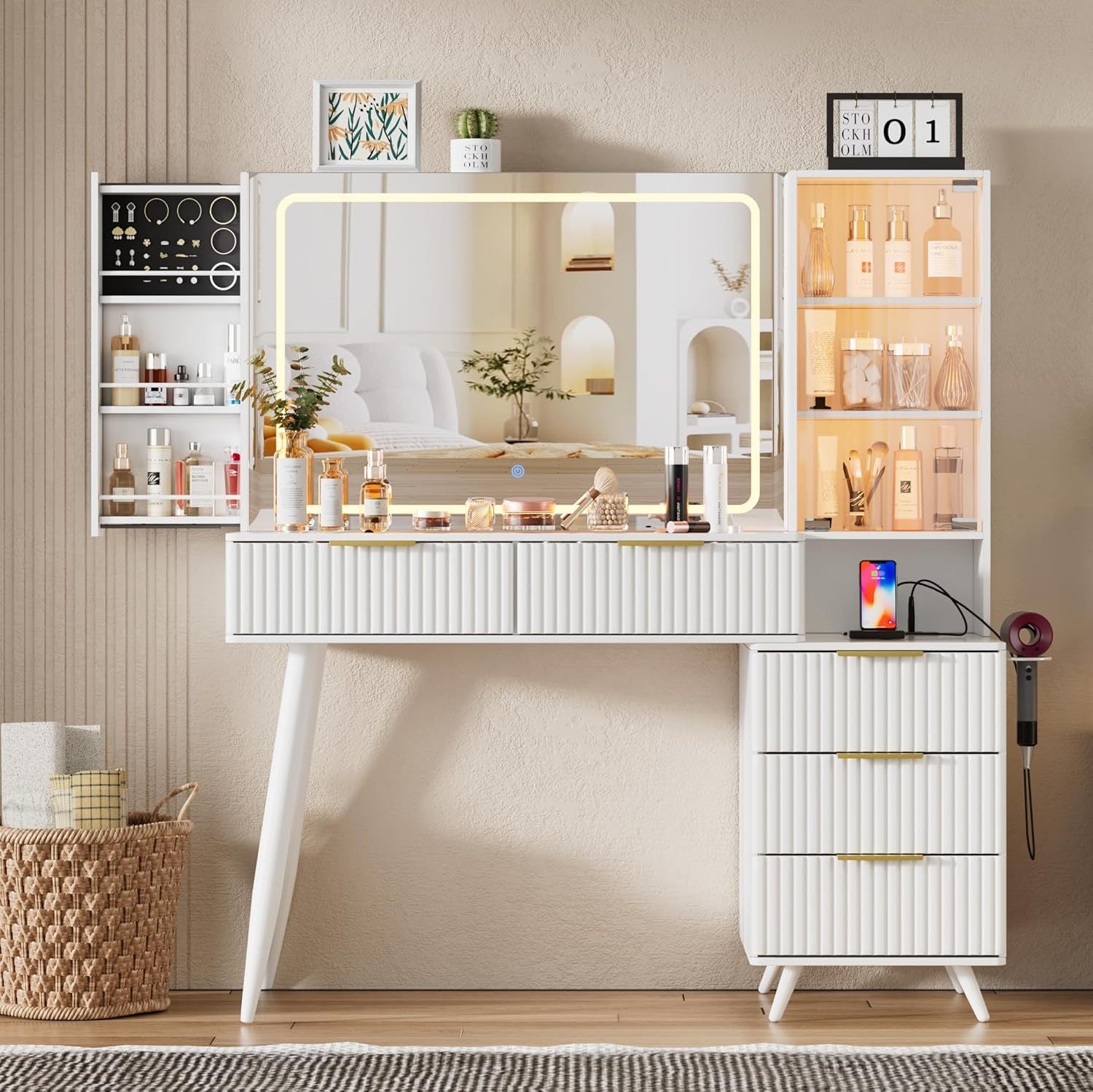 Vanity Desk with with Mirror and Lights, Makeup Vanity Table with Glass Top ,Dressing Table with Drawers, Bedroom Makeup Table for Women (White-Glass top)