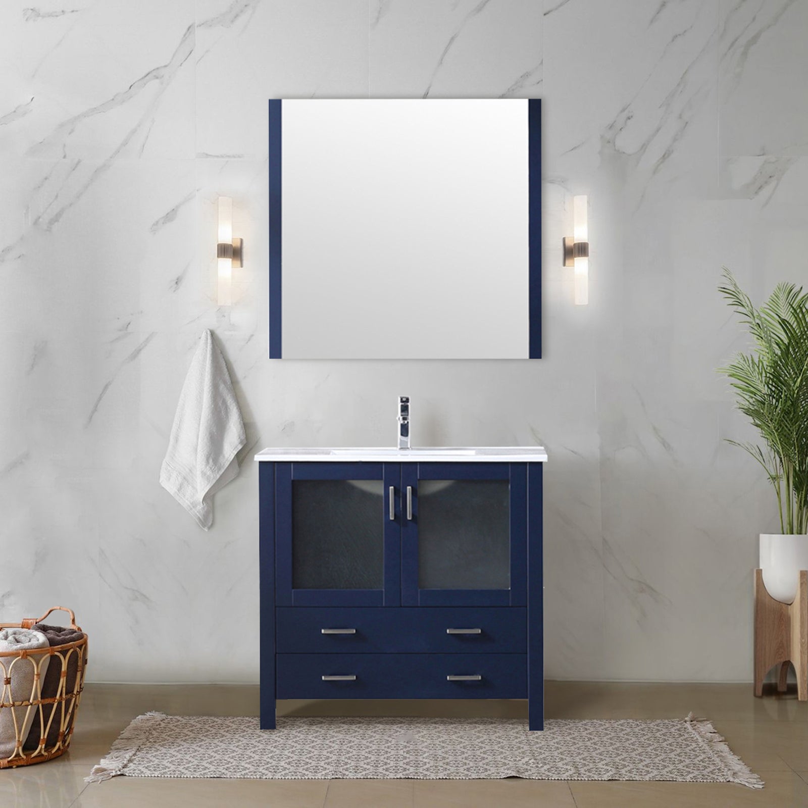 Navy Blue Bath Vanity 36 in. W x 18.25 in. D, White Ceramic Top, and Faucet Set