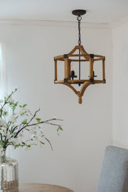 3 - Light Wood Drum Chandelier, Hanging Light Fixture with Adjustable Chain for Kitchen Dining Room Foyer Entryway, Bulb Not Included