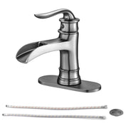 Modern Waterfall Spout Bathroom Faucet with Single Handle and Pop Up Drain in Brushed Nickel, Stainless Steel & Brass