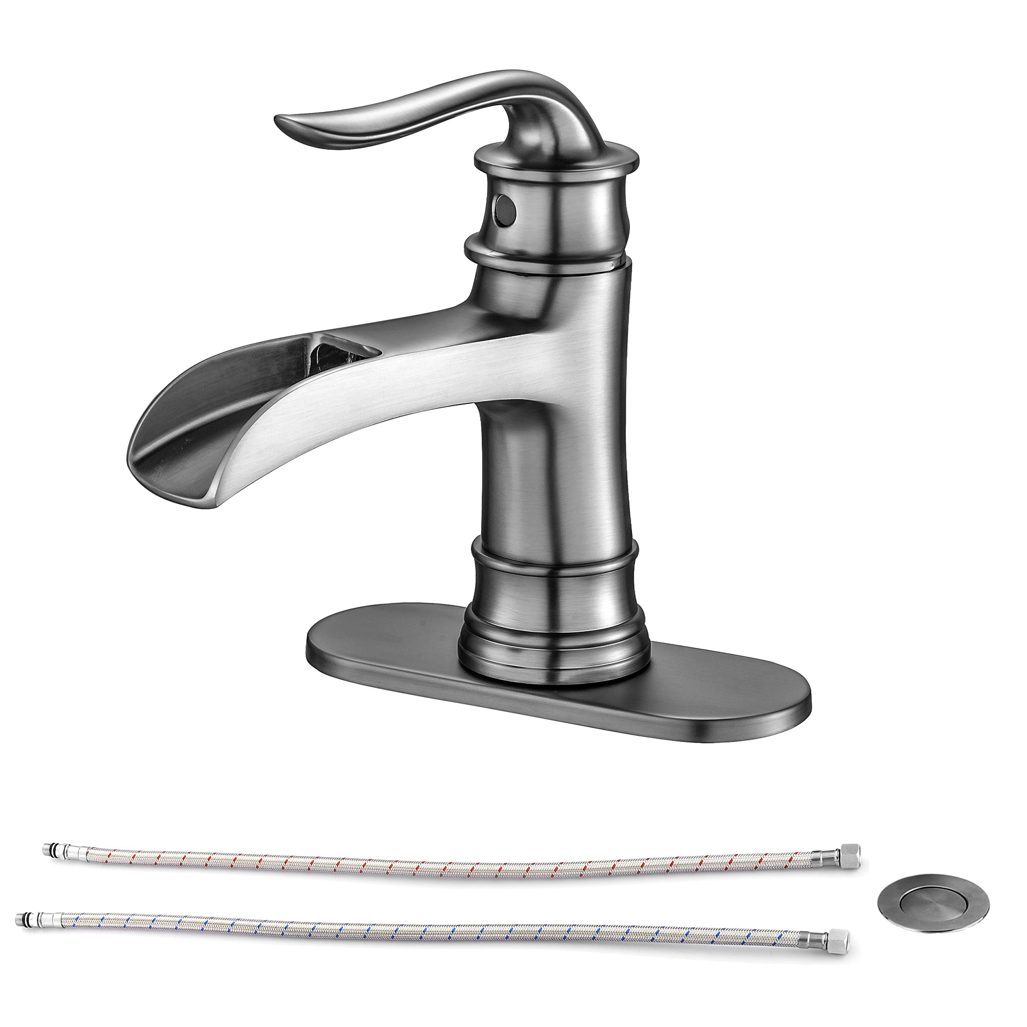 Modern Waterfall Spout Bathroom Faucet with Single Handle and Pop Up Drain in Brushed Nickel, Stainless Steel & Brass