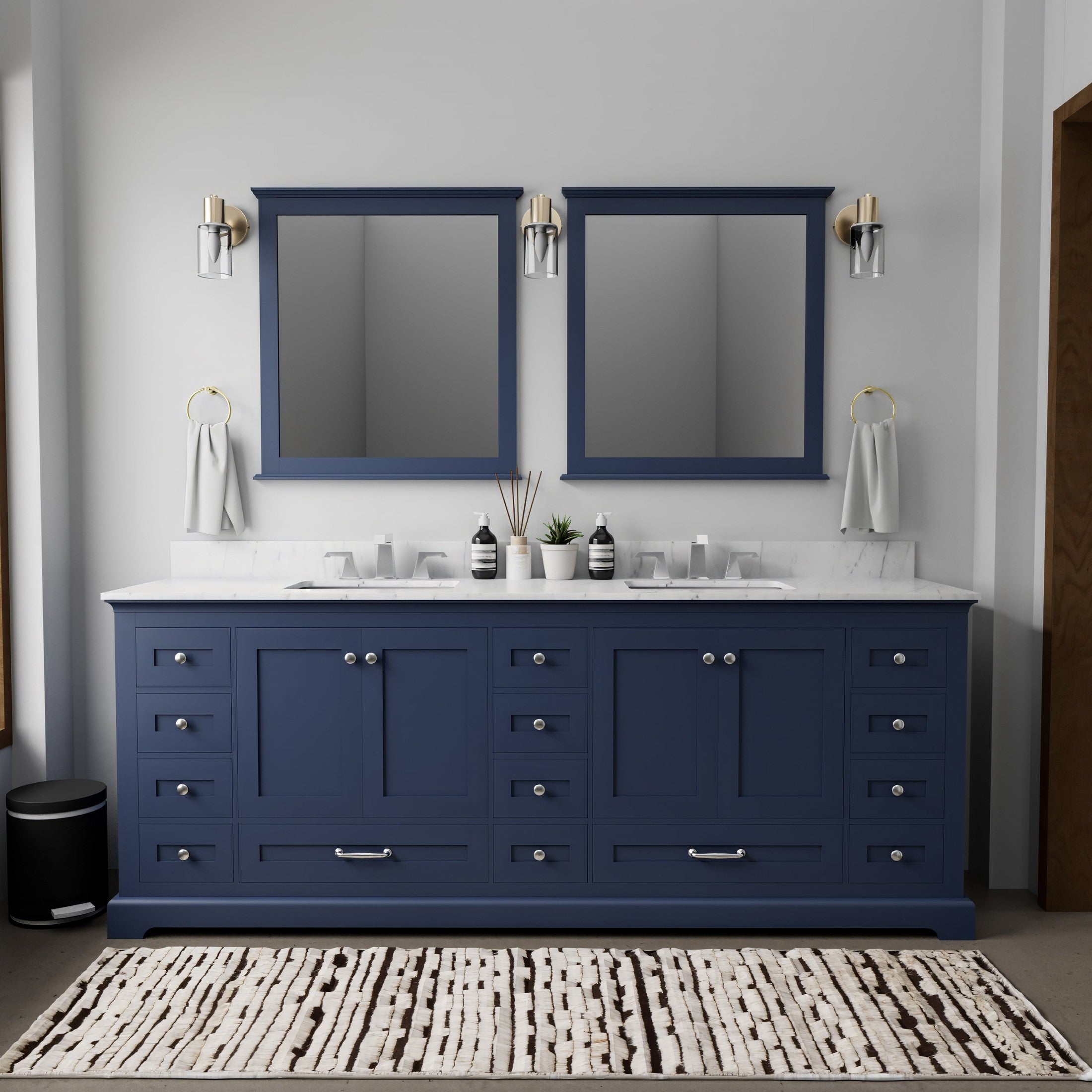 Navy Blue Double Bath Vanity 84 in. W x 22 in. D, Carrara Marble Top, and Faucet Set