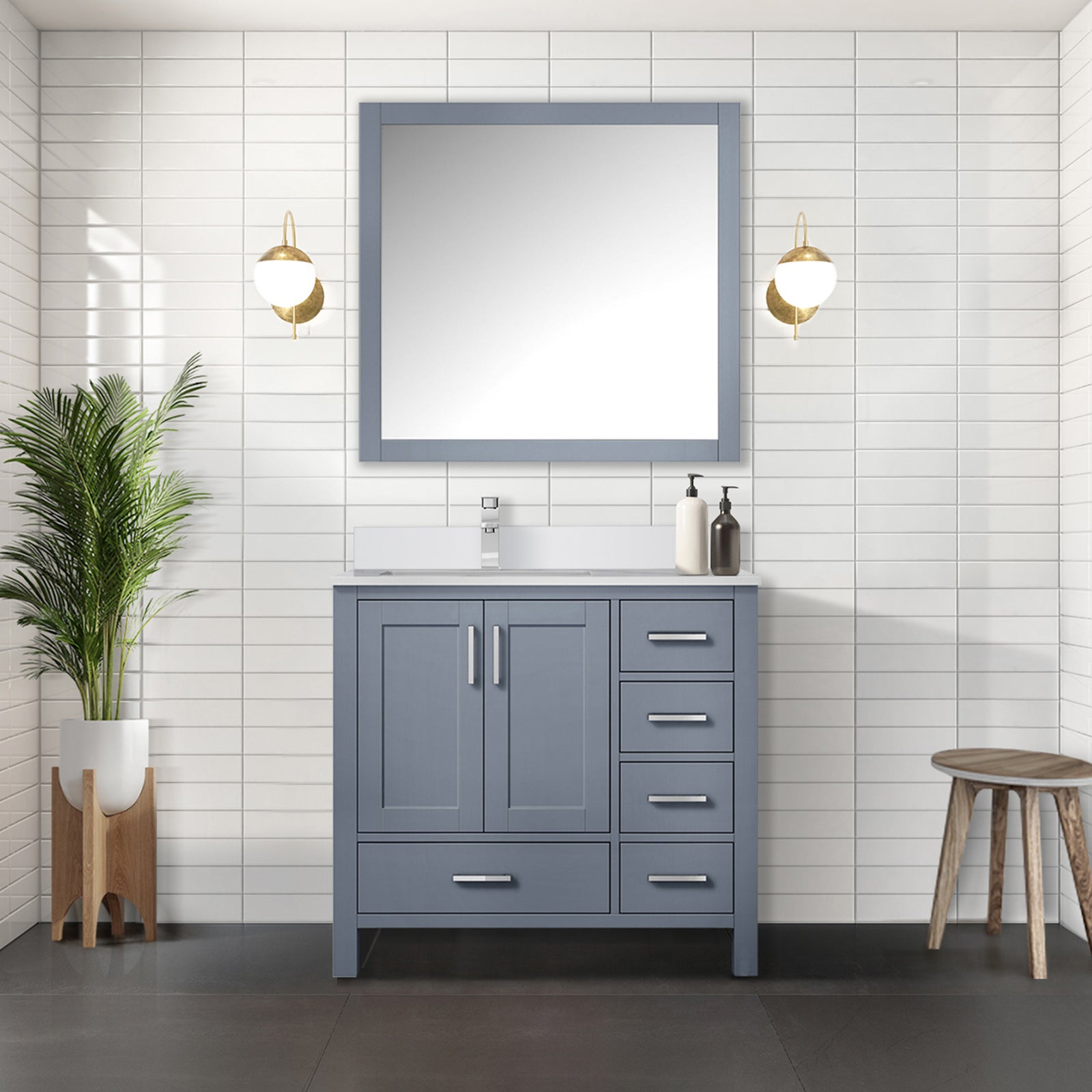 Dark Grey Bath Vanity 36 in. W x 22 in. D, Left Offset White Quartz Top, and Faucet Set