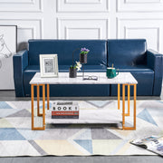 D&N Coffee Table, 2 Layers 1.5cm Thick Marble MDF Rectangle 39.37' L Tabletop Iron Coffee Table , Dining Room, Coffee Shop, Resterant, White Top, Gold Leg