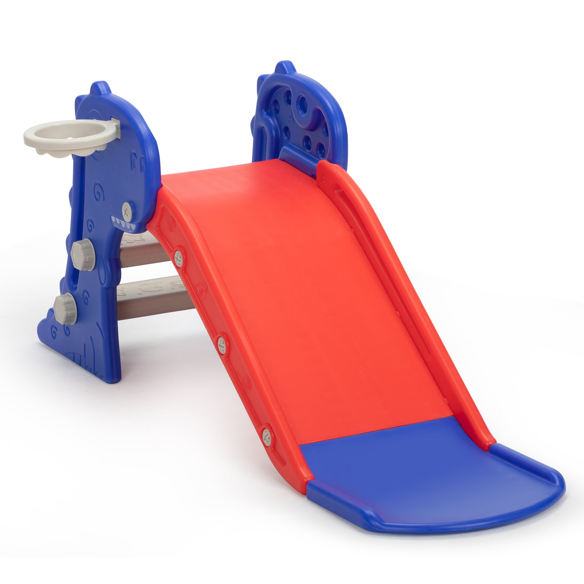 3 in 1 Freestanding Toddler Slide, Indoor Outdoor Playground with Basketball Hoop and Ball for Kids Under 3 Years, Red & Blue