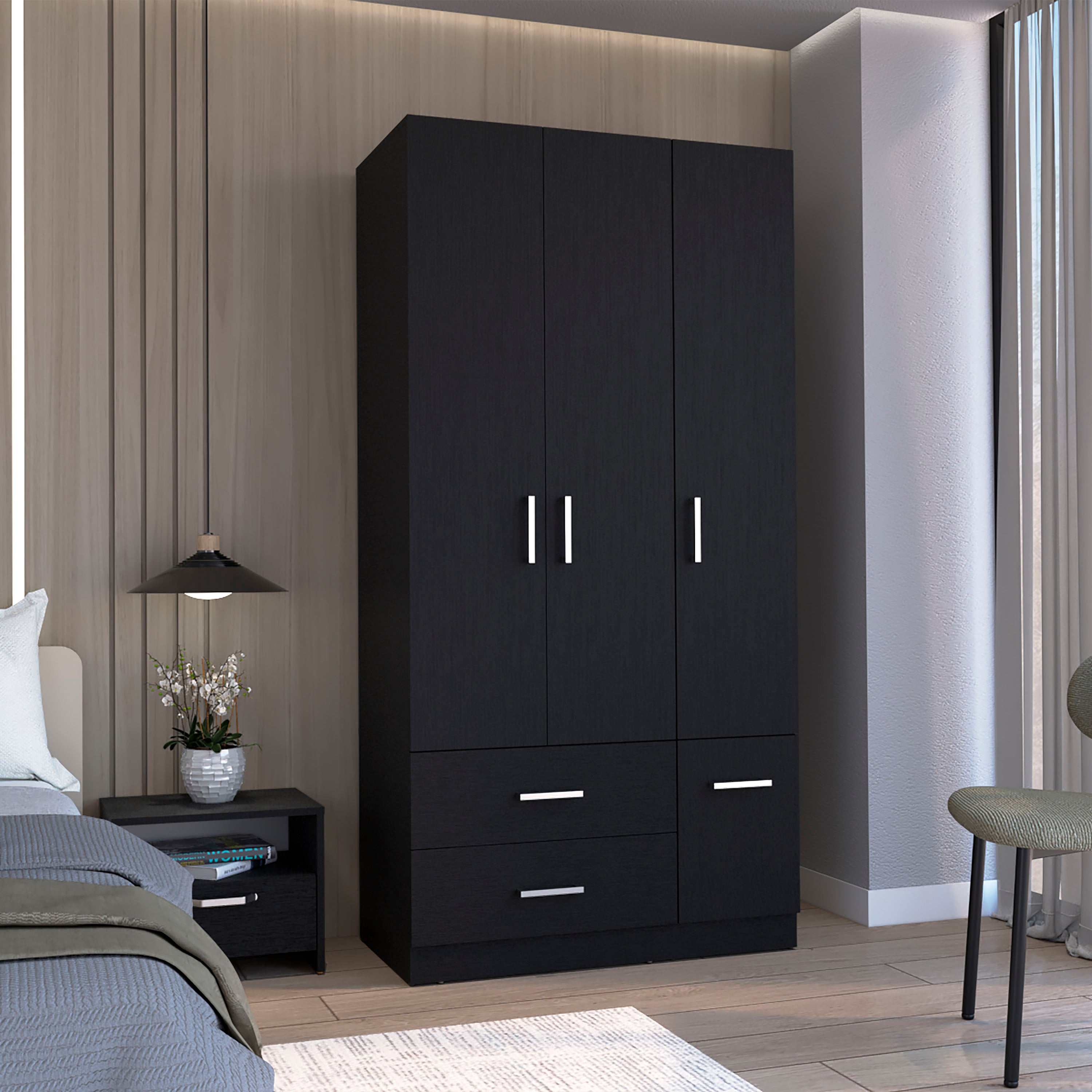 Sebree 71' High Armoire Wardrove Closet with 2 Drawers, Four Doors , Three Cabinet , Six Shelves and Hanging Rod, Bedroom Clothes Storage Cabinet Organizer Black