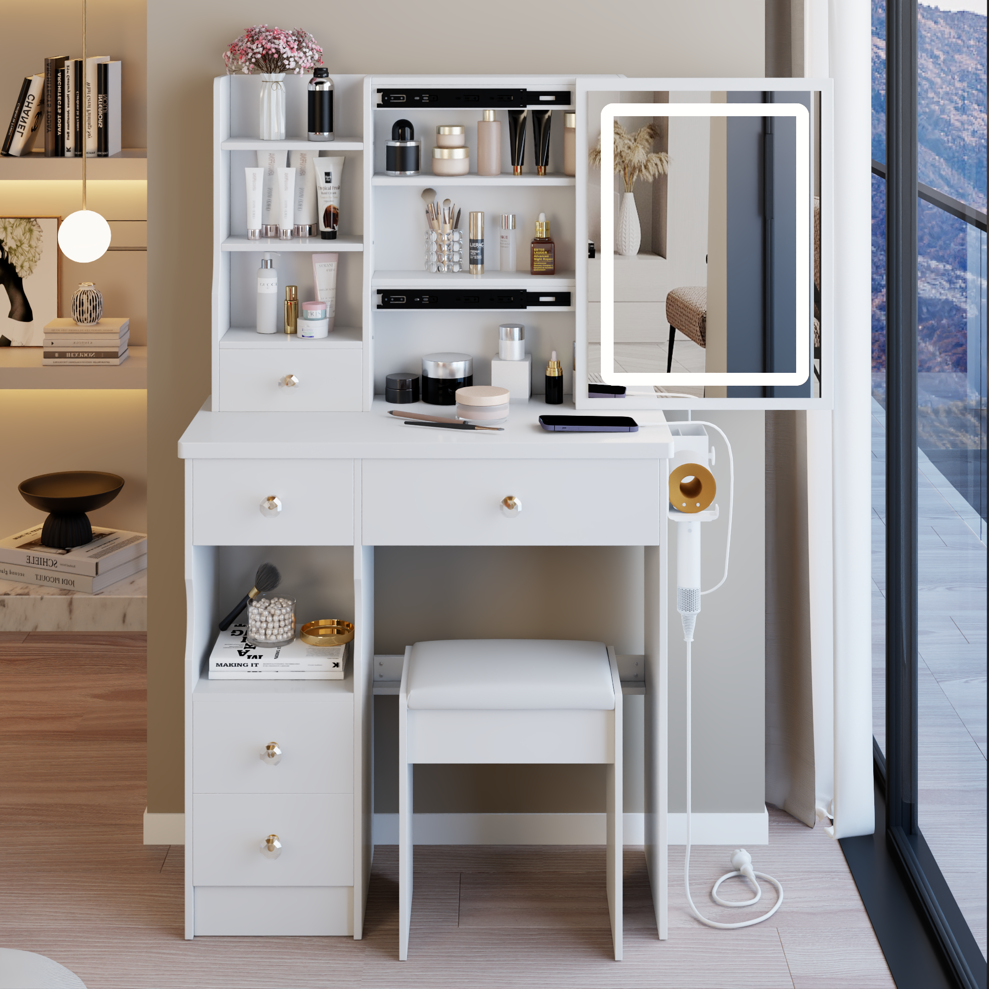 29.2' Small Size Left Drawer Desktop Vanity Table + Cushioned Stool, 2 AC+2 USB Power Station, Hair dryer bracket, Extra Large Touch Control Sliding LED Mirror, Tri-color Switching, Brightness Adjust
