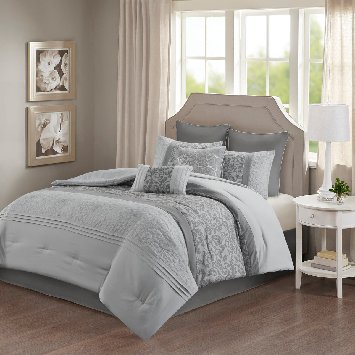 Embroidered 8 Piece Comforter Set Grey Cal King