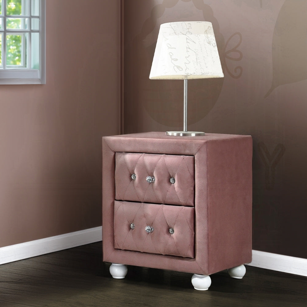 Beautiful Pink Fabric Upholstered Nightstand with Two Storage Drawers Wooden Bedroom Furniture 1pc