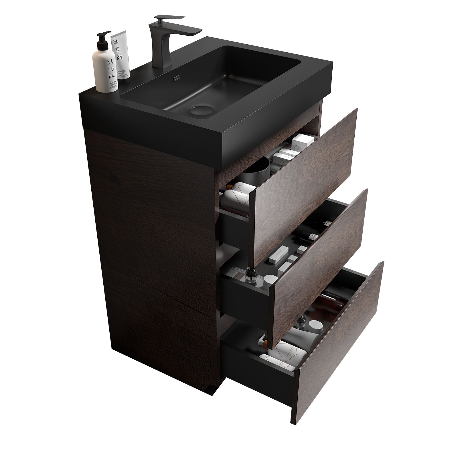 Alice 24' Walnut Bathroom Vanity with Black Sink Basin, Large Storage, Freestanding, Pre-assembled