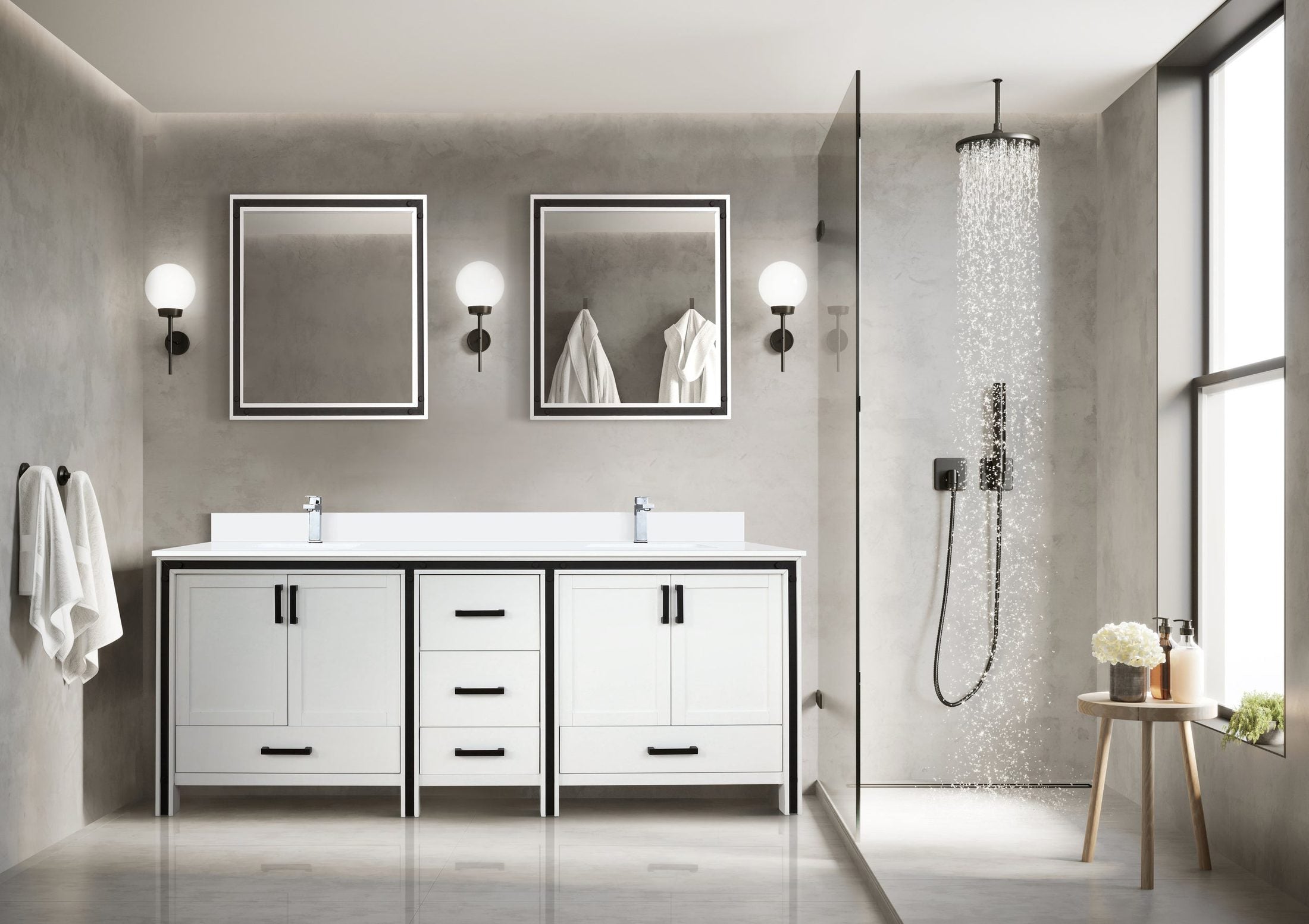 White Double Bath Vanity 80 in. W x 22 in. D, White Quartz Top and Faucet Set