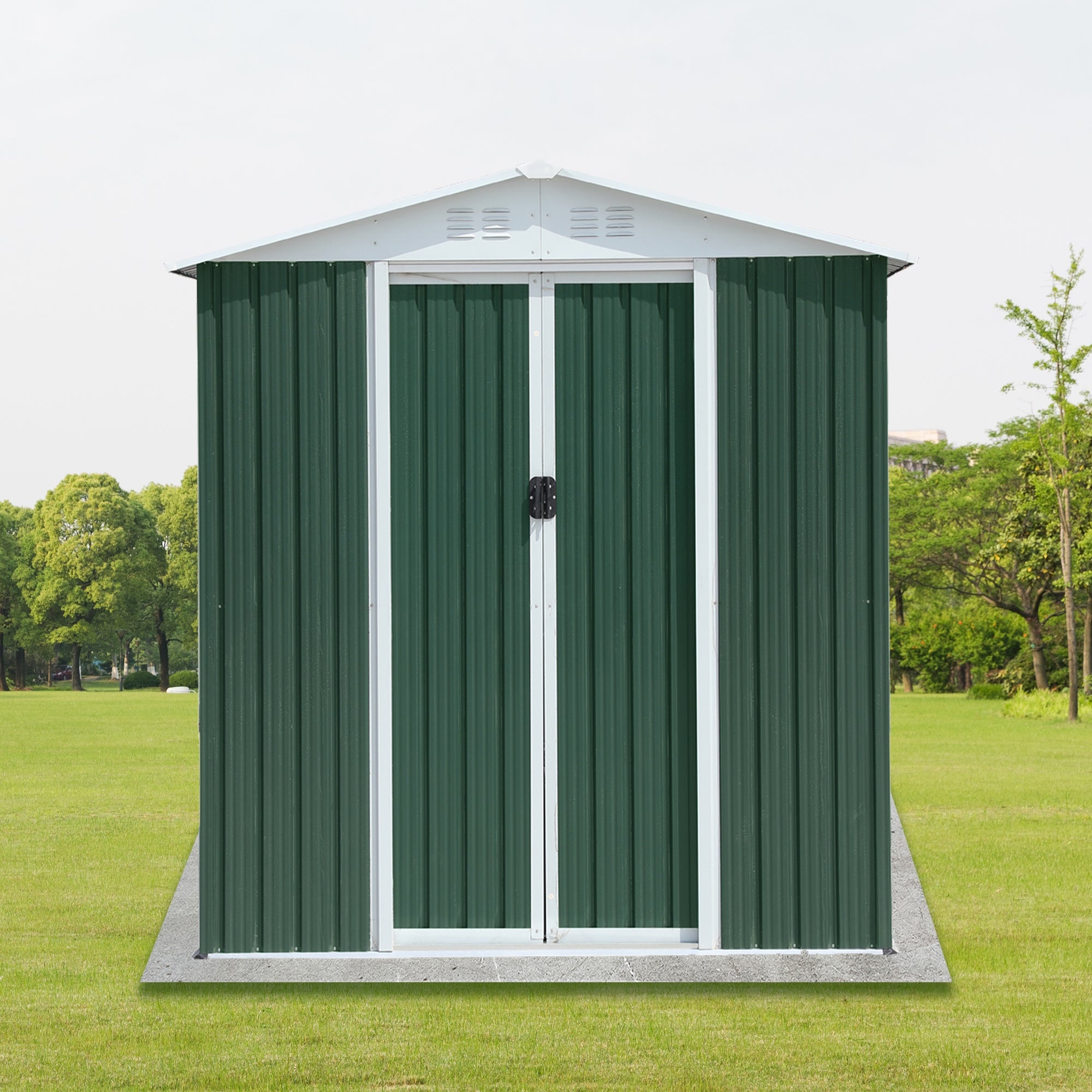 6FTx4FT Apex Roof Green Outdoor Tool Storage House Garden Shed With Aluminum Alloy Frame And Sliding Door