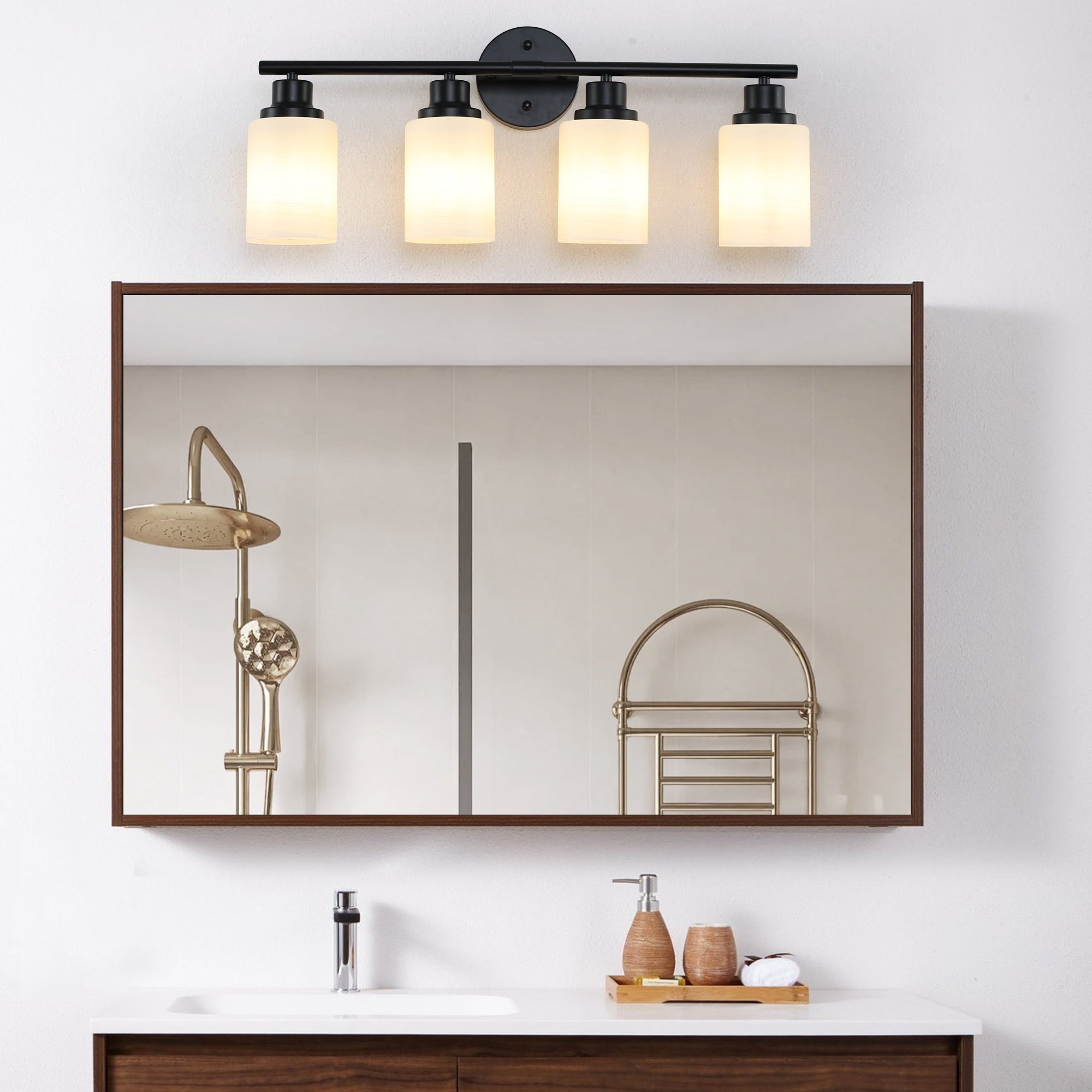 24' Modern 4-Light Vanity Bathroom Mirror Light, Frosted White Glass with Black Iron Frame, Contemporary Wall Sconce for Bedroom, Bathroom, And Dressing Room (Bulb Not Included)