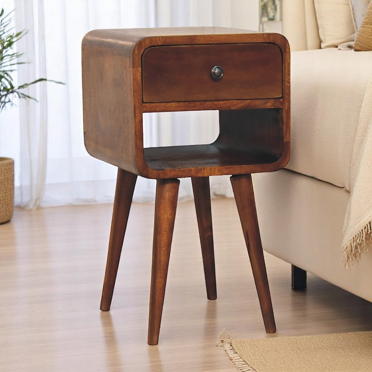 Solid Wood Mini Chestnut Curve Lower Bedside, Chestnut finish, 1-Drawer and 1 Open Slot, Brown