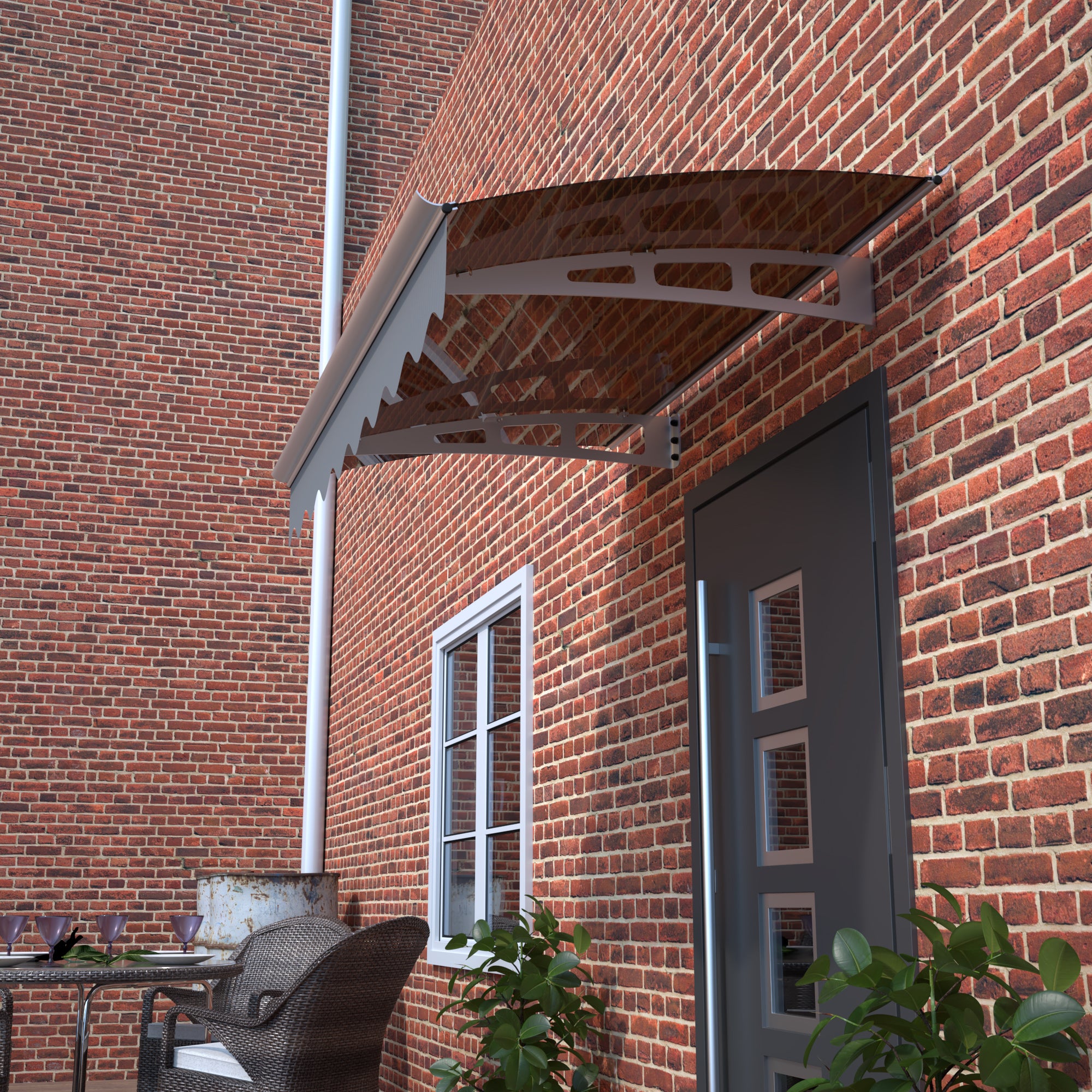 DA4734C Series Door Window Awning Canopy Made of  0.137 Inch Thick Crystal Solid Polycarbonate Sheet and Aluminum Alloy with Valance in size of 47' Wide x 34' Deep for Masonry Concrete Wall