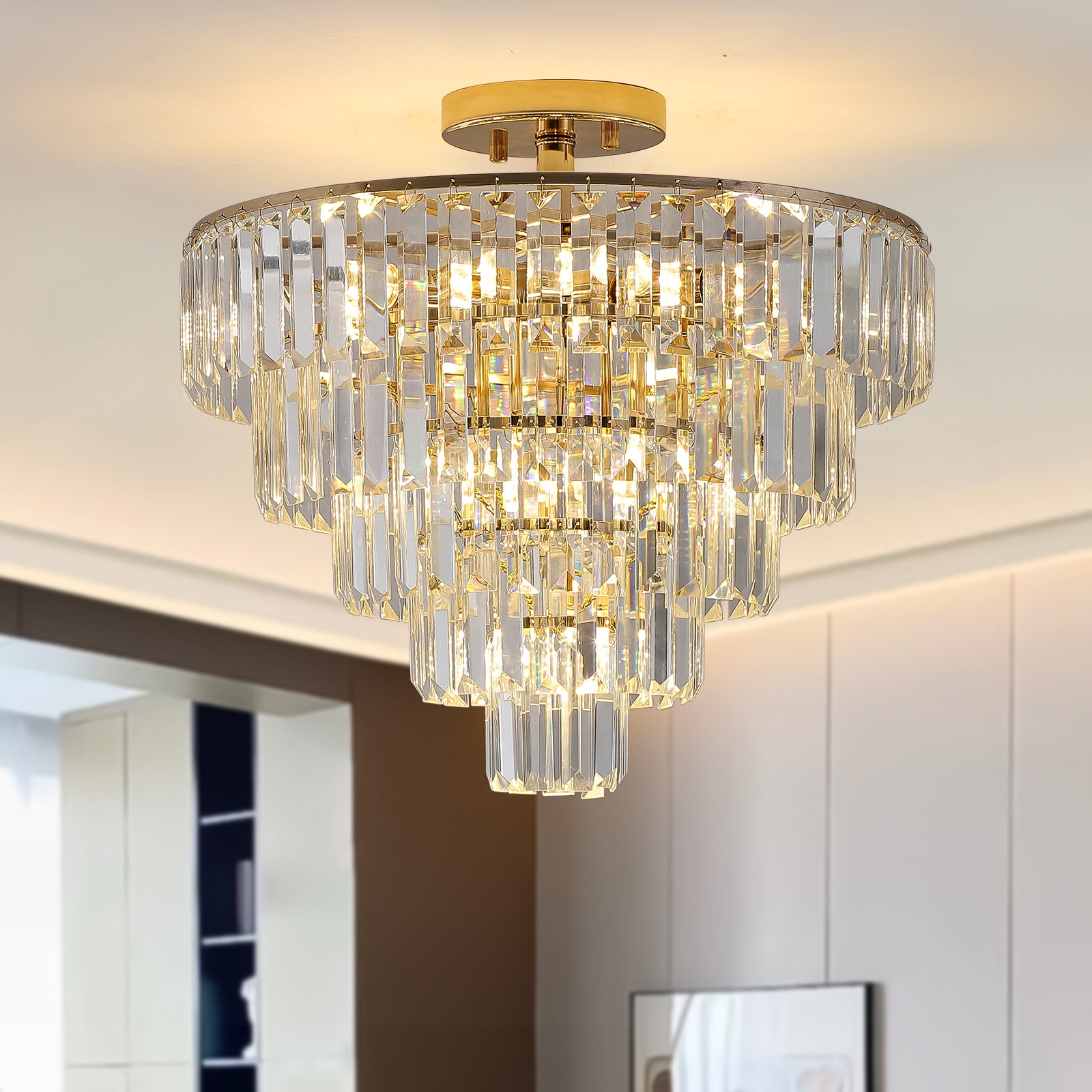 Gold Crystal Chandeliers,5-Tier Round Semi Flush Mount Chandelier Light Fixture,Large Contemporary Luxury Ceiling Lighting for Living Room Dining Room Bedroom Hallway